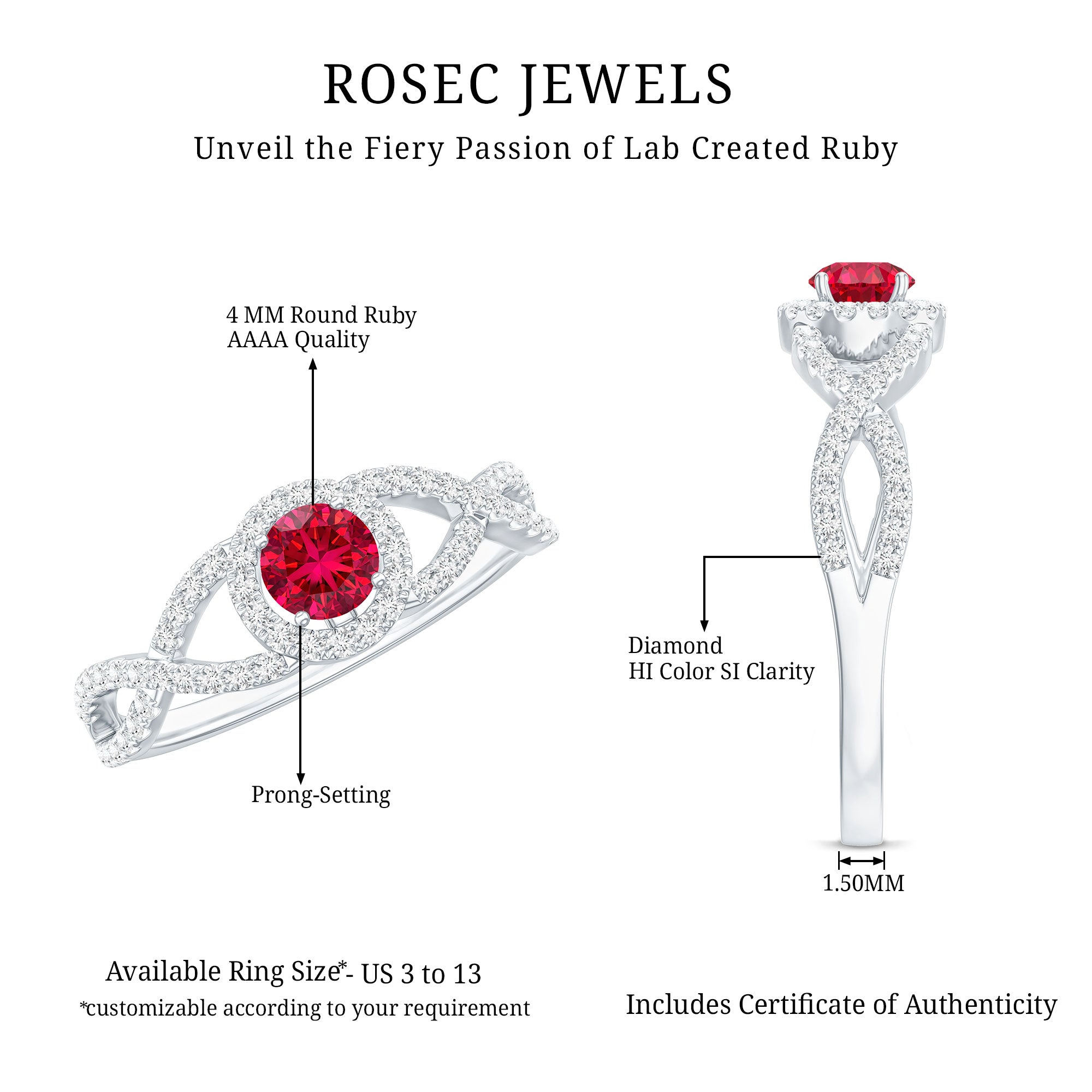 Criss Cross Shank Created Ruby and Diamond Halo Engagement Ring AAAA - Rosec Jewels