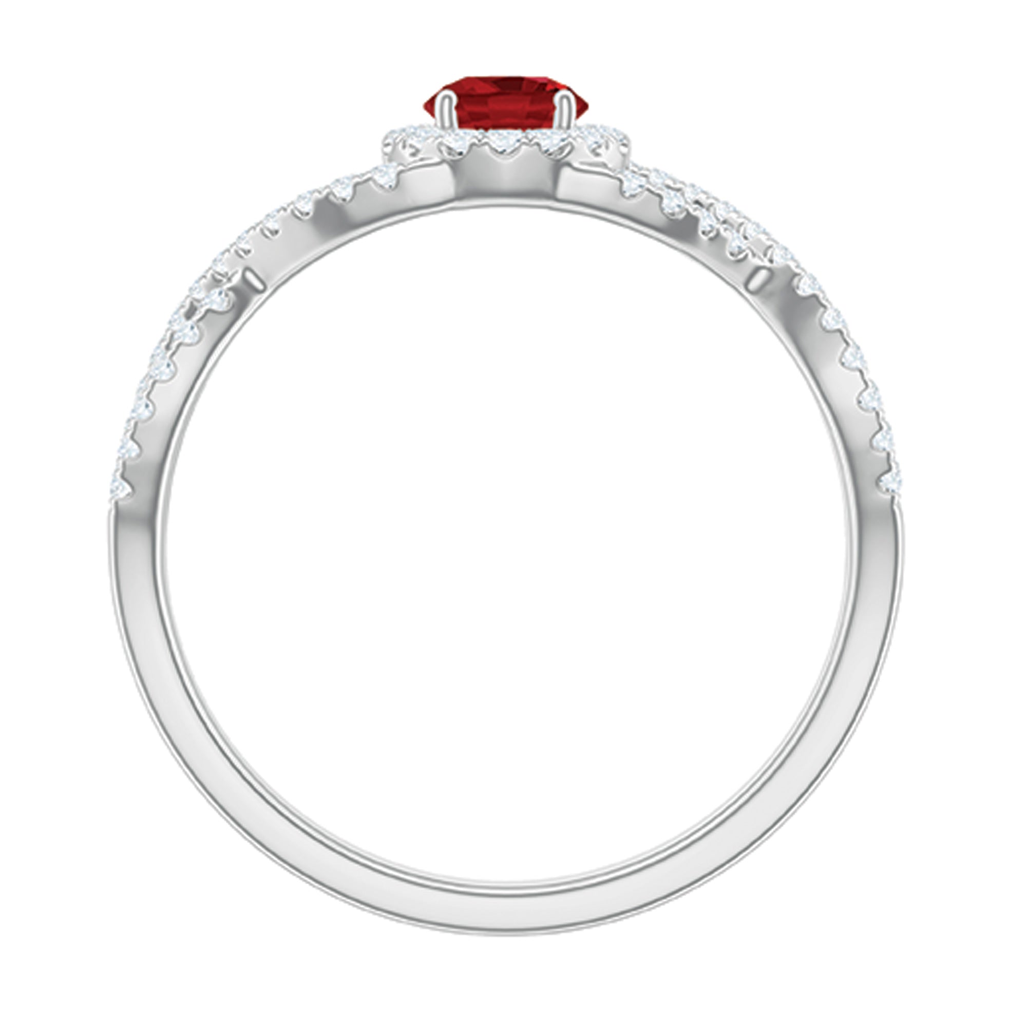 Criss Cross Shank Created Ruby and Diamond Halo Engagement Ring AAAA - Rosec Jewels