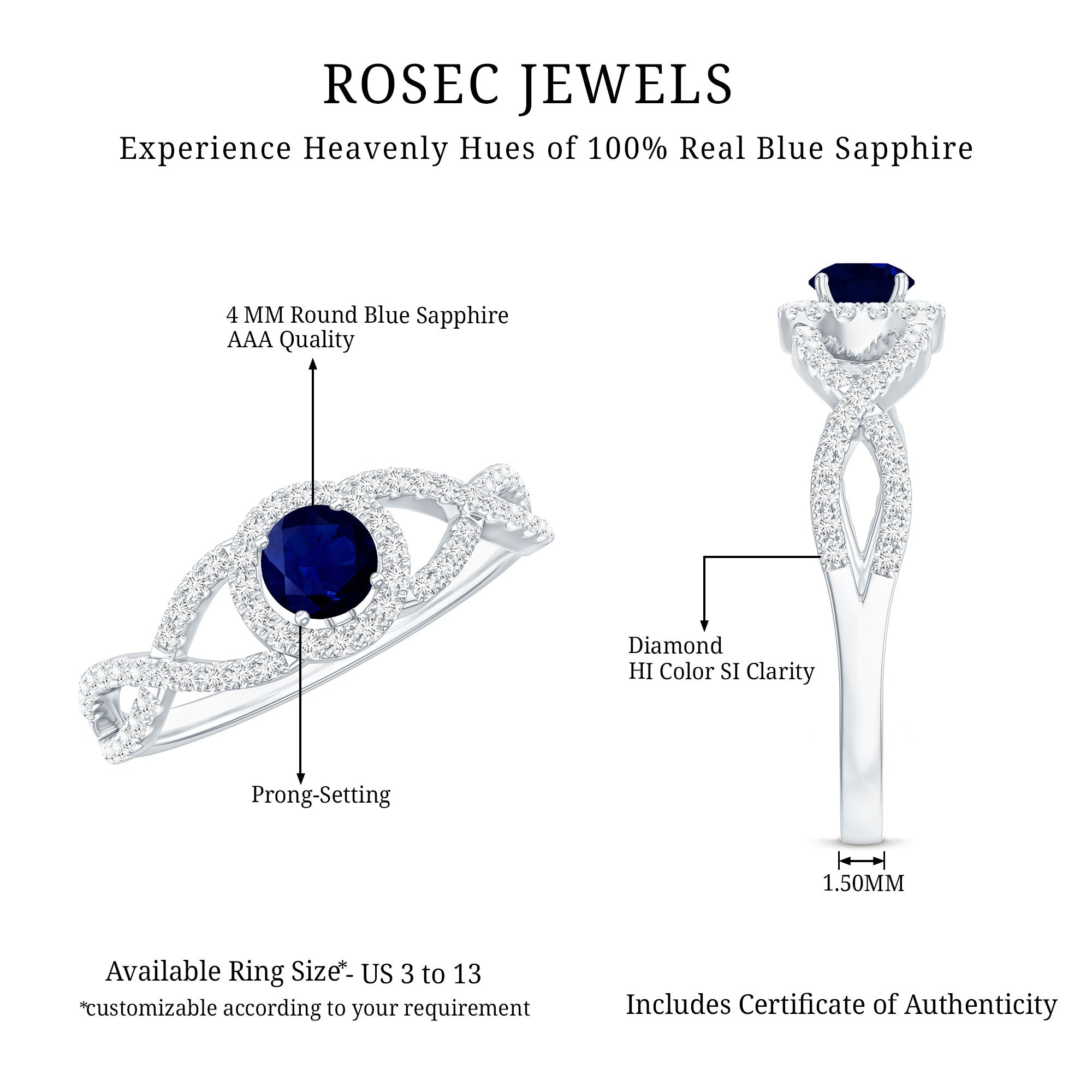 Criss Cross Shank Blue Sapphire and Diamond Halo Engagement Ring AAA - Rosec Jewels