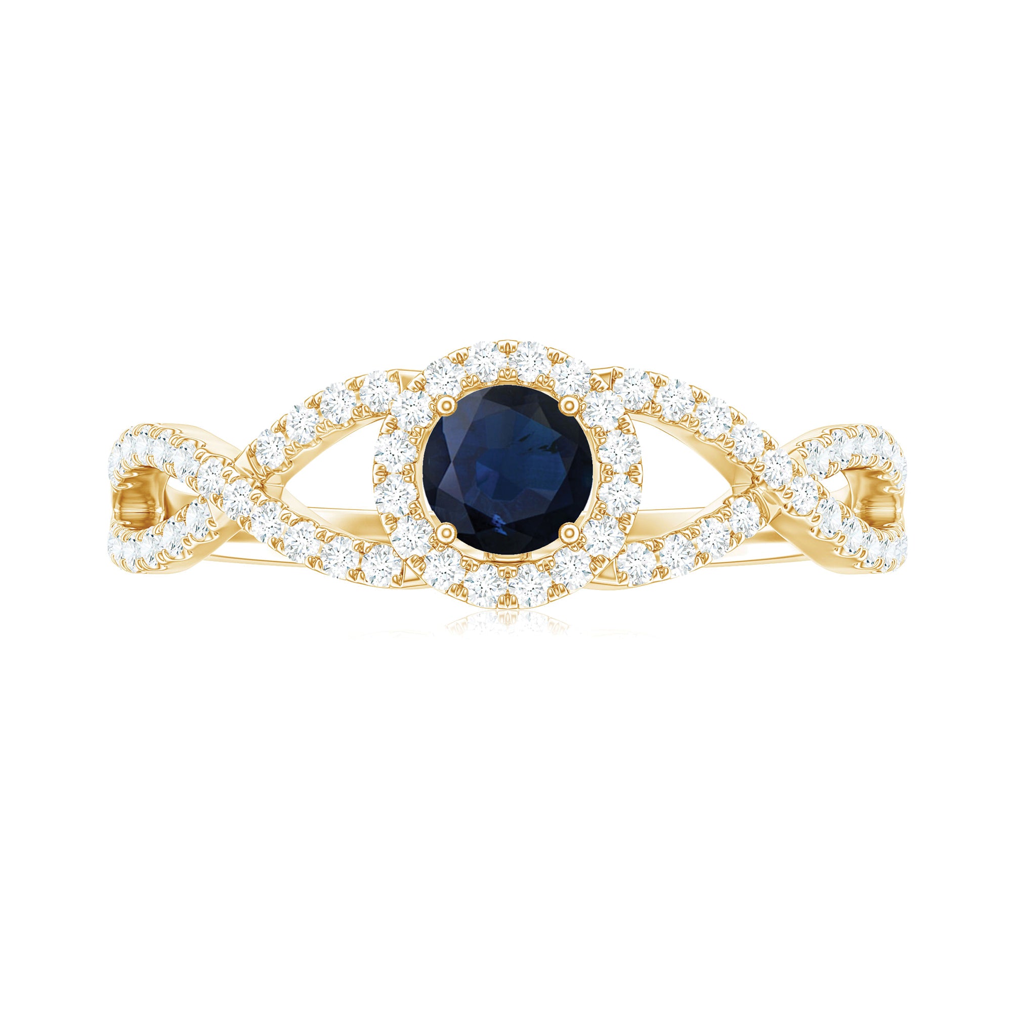 Rosec Jewels-Criss Cross Shank Blue Sapphire and Diamond Halo Engagement Ring