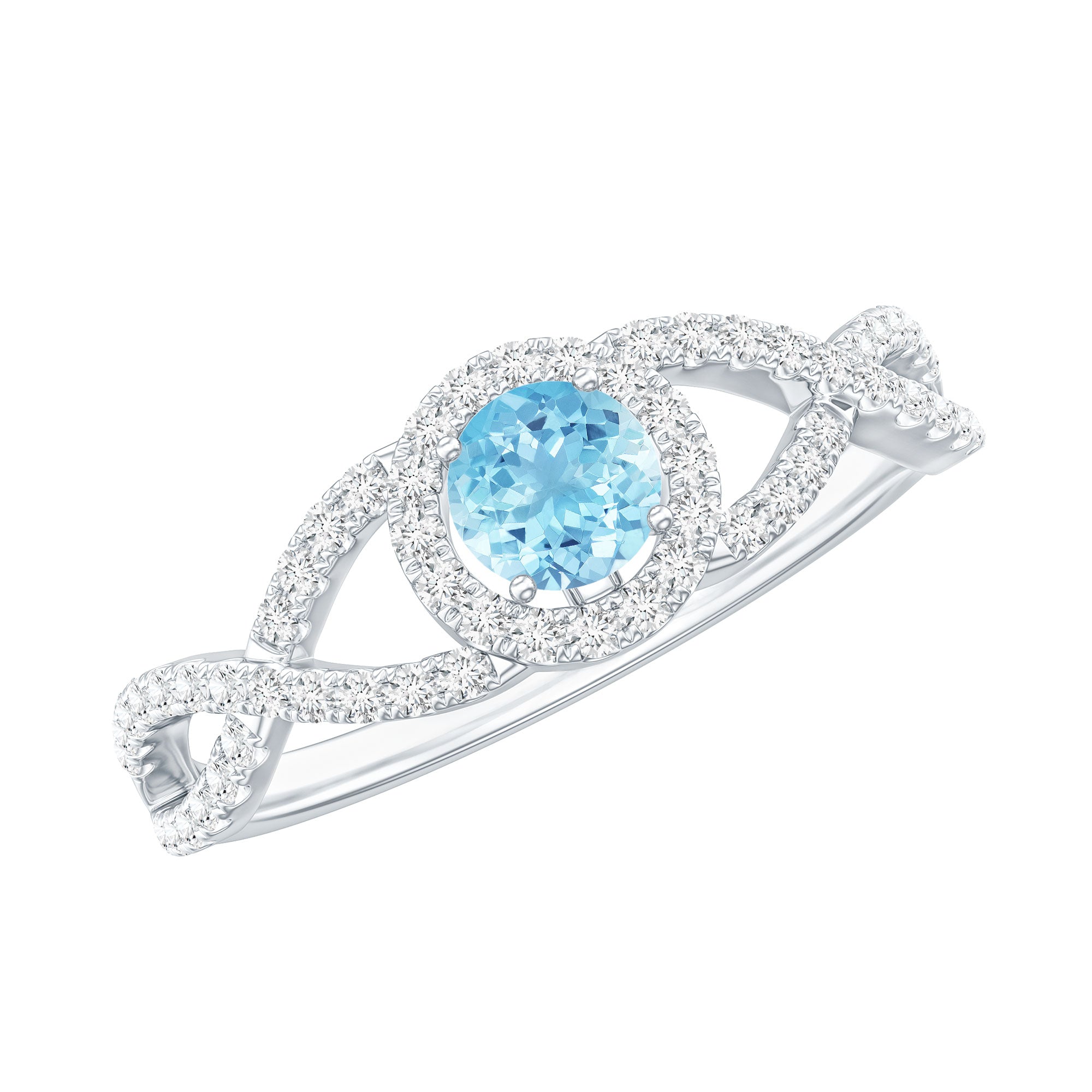 Real Aquamarine Criss Cross Engagement Ring with Diamond Halo AAA - Rosec Jewels