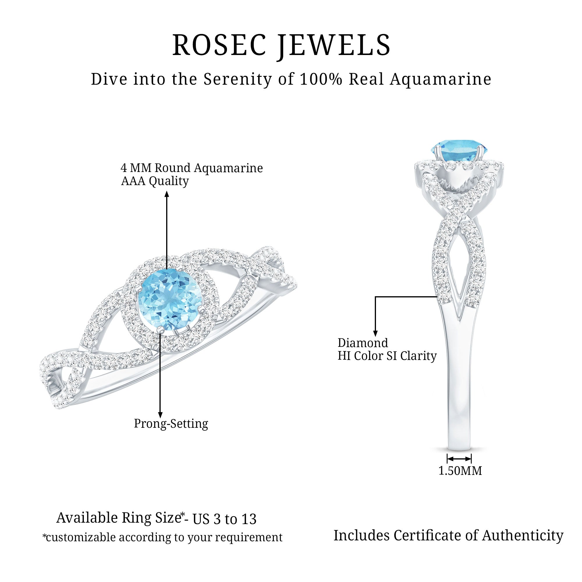 Real Aquamarine Criss Cross Engagement Ring with Diamond Halo AAA - Rosec Jewels