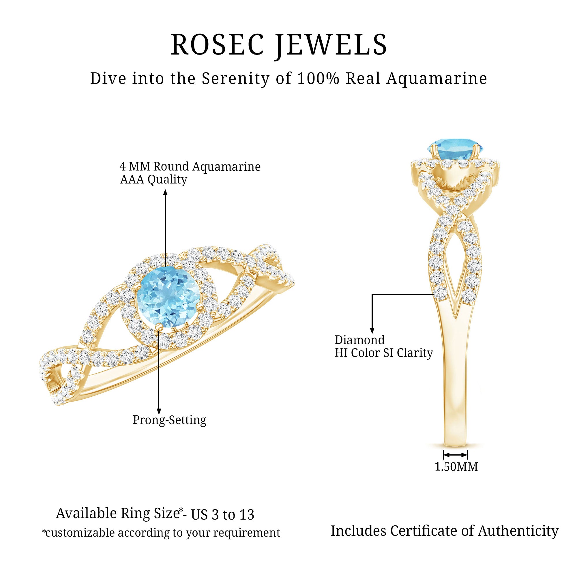 Real Aquamarine Criss Cross Engagement Ring with Diamond Halo AAA - Rosec Jewels