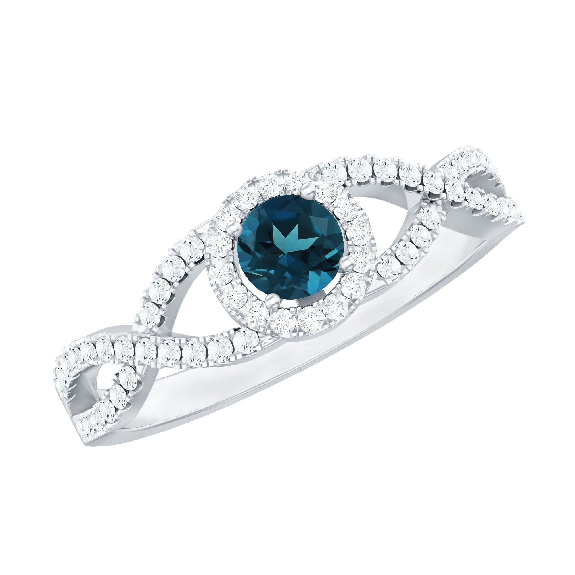 London Blue Topaz Crossover Engagement Ring with Diamond Halo AAA - Rosec Jewels