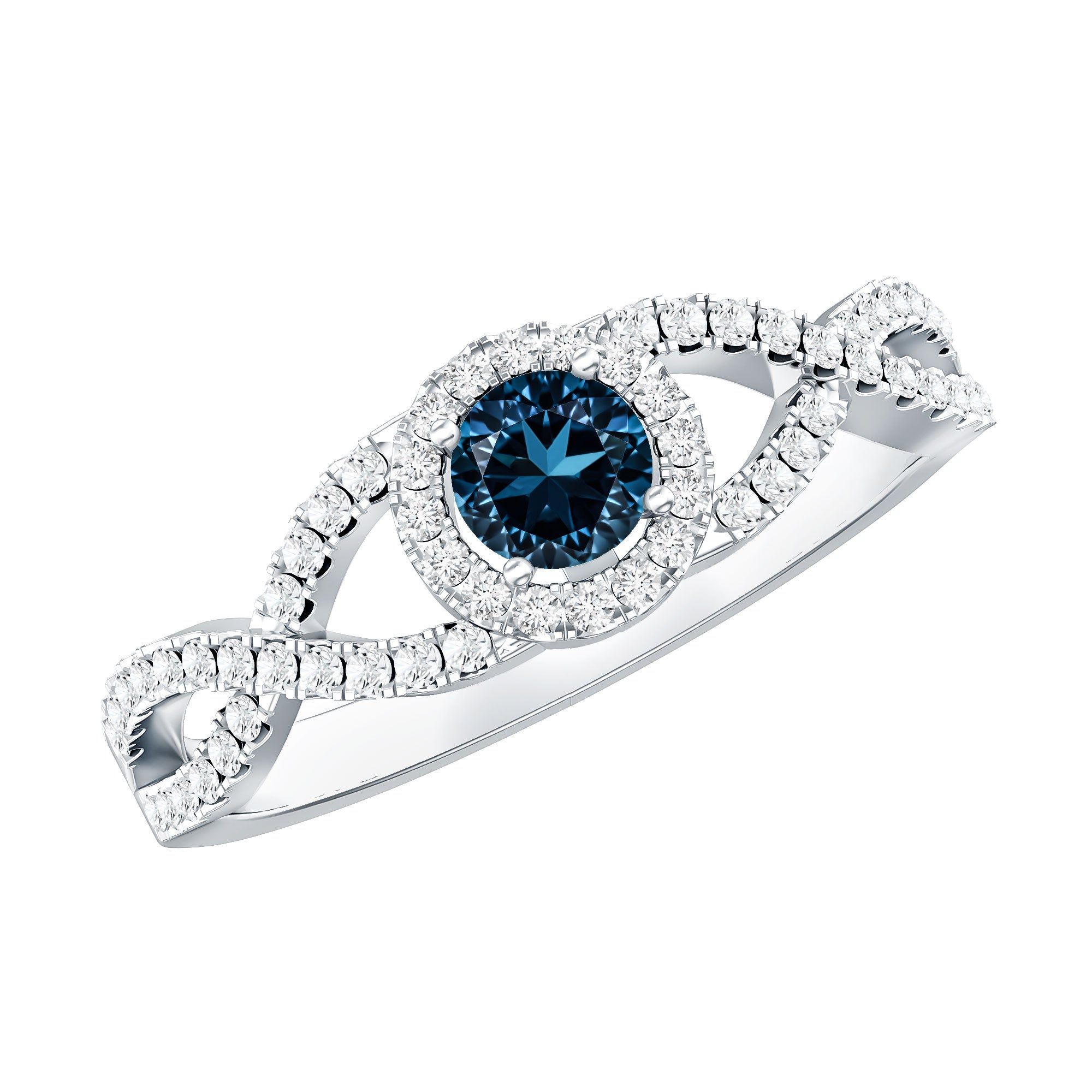 London Blue Topaz Crossover Engagement Ring with Diamond Halo AAA - Rosec Jewels