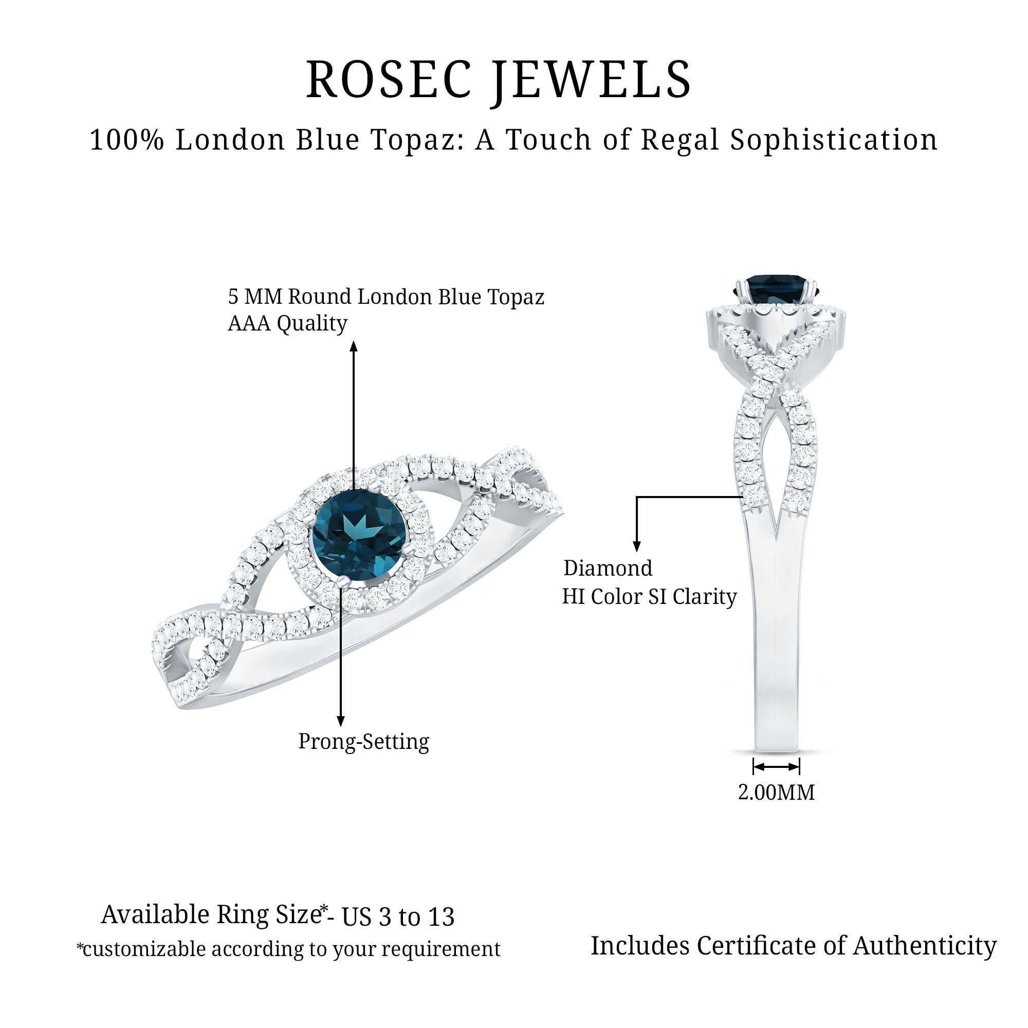 London Blue Topaz Crossover Engagement Ring with Diamond Halo AAA - Rosec Jewels