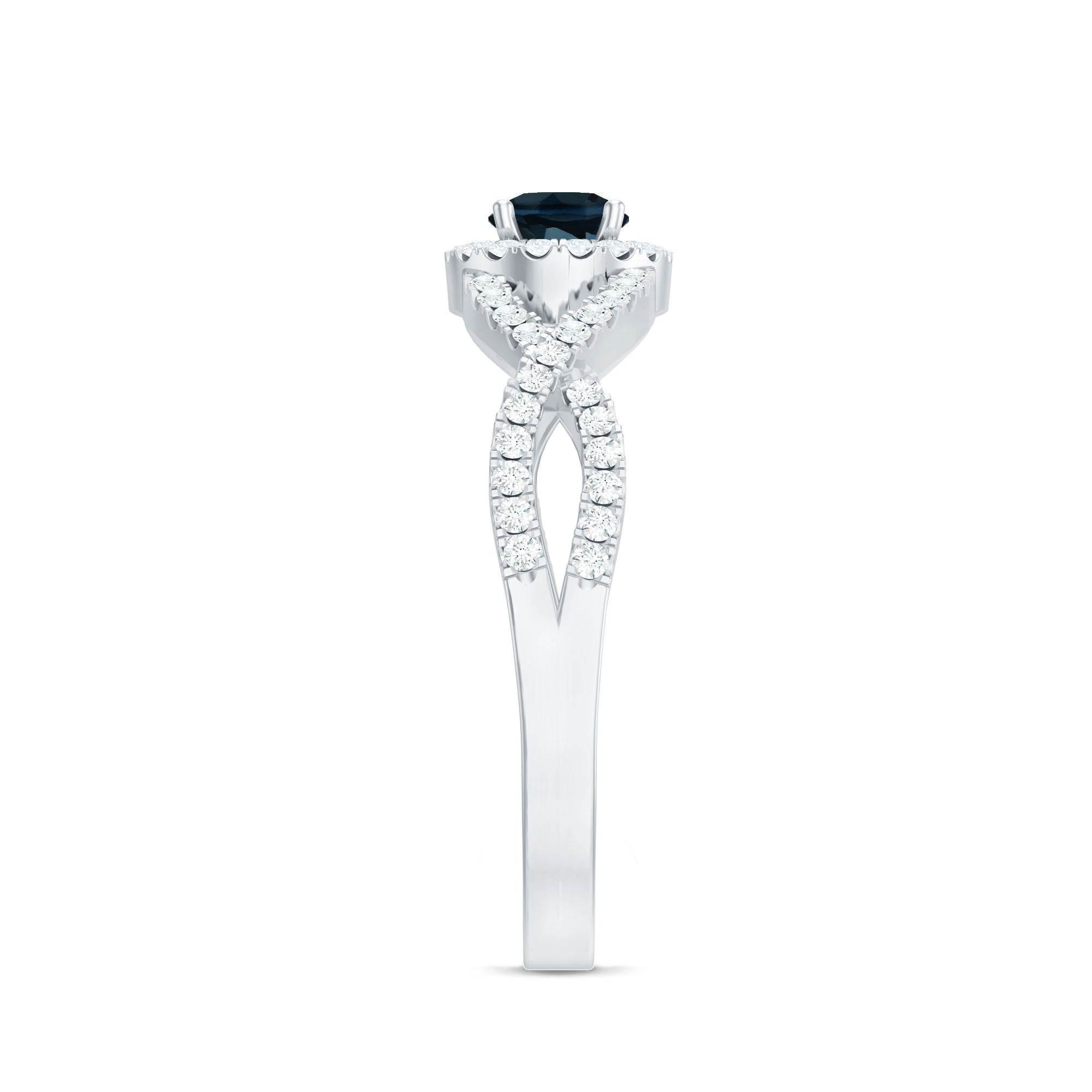 London Blue Topaz Crossover Engagement Ring with Diamond Halo AAA - Rosec Jewels