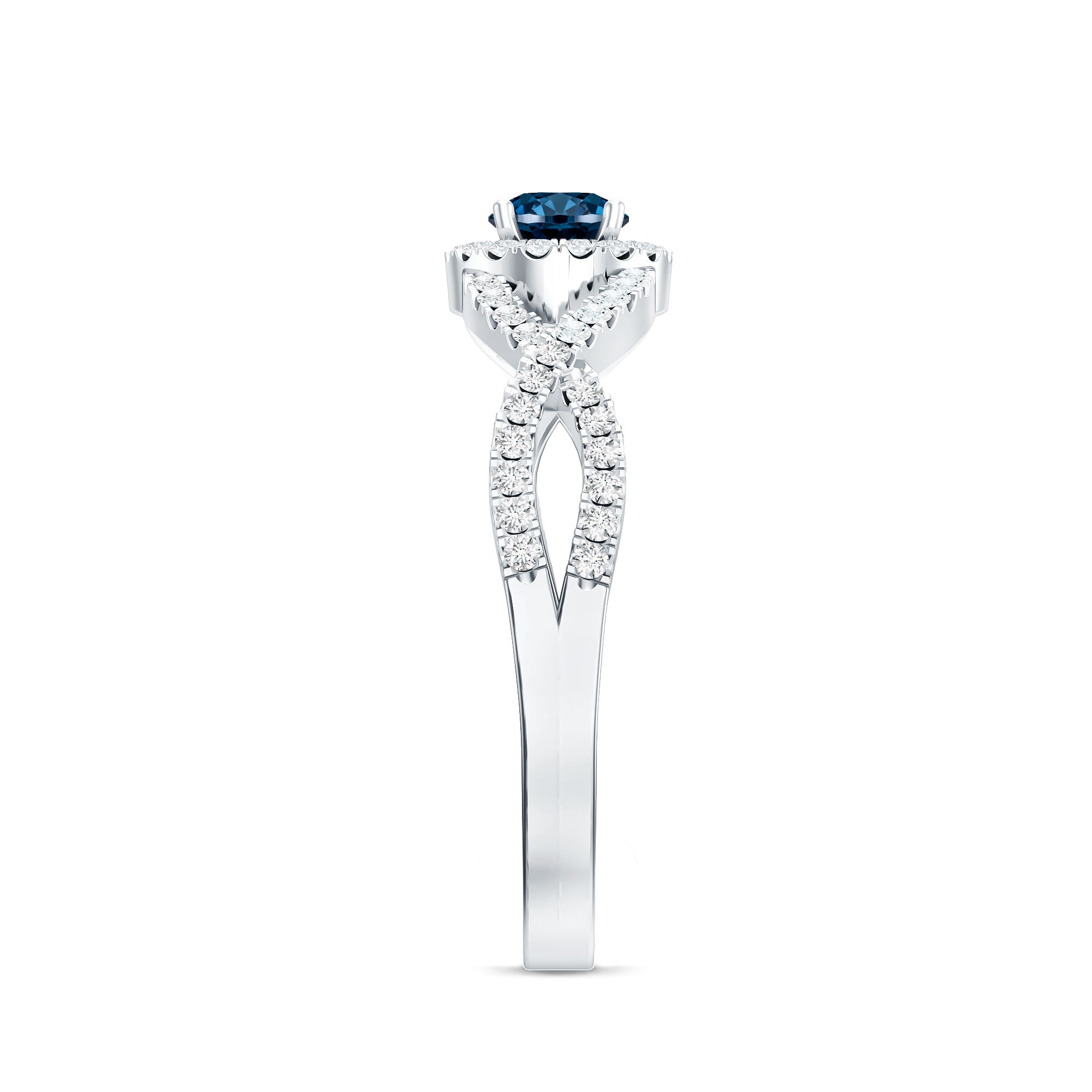 London Blue Topaz Crossover Engagement Ring with Diamond Halo AAA - Rosec Jewels