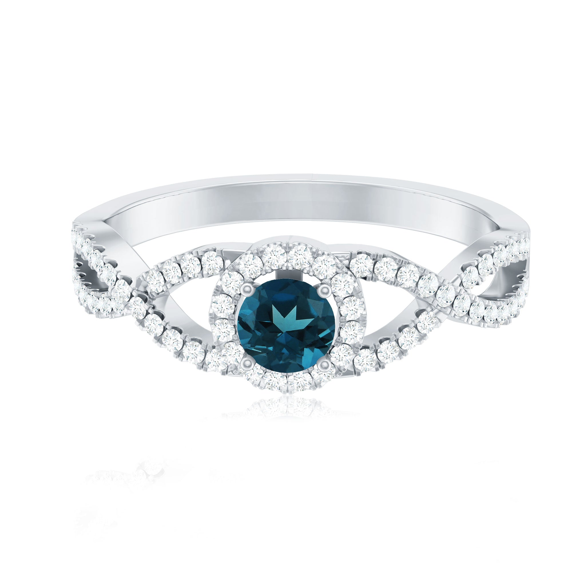London Blue Topaz Crossover Engagement Ring with Diamond Halo AAA - Rosec Jewels