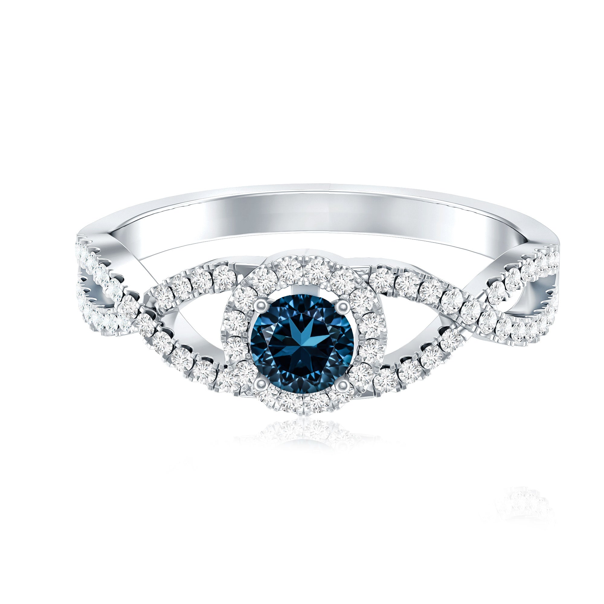 London Blue Topaz Crossover Engagement Ring with Diamond Halo AAA - Rosec Jewels