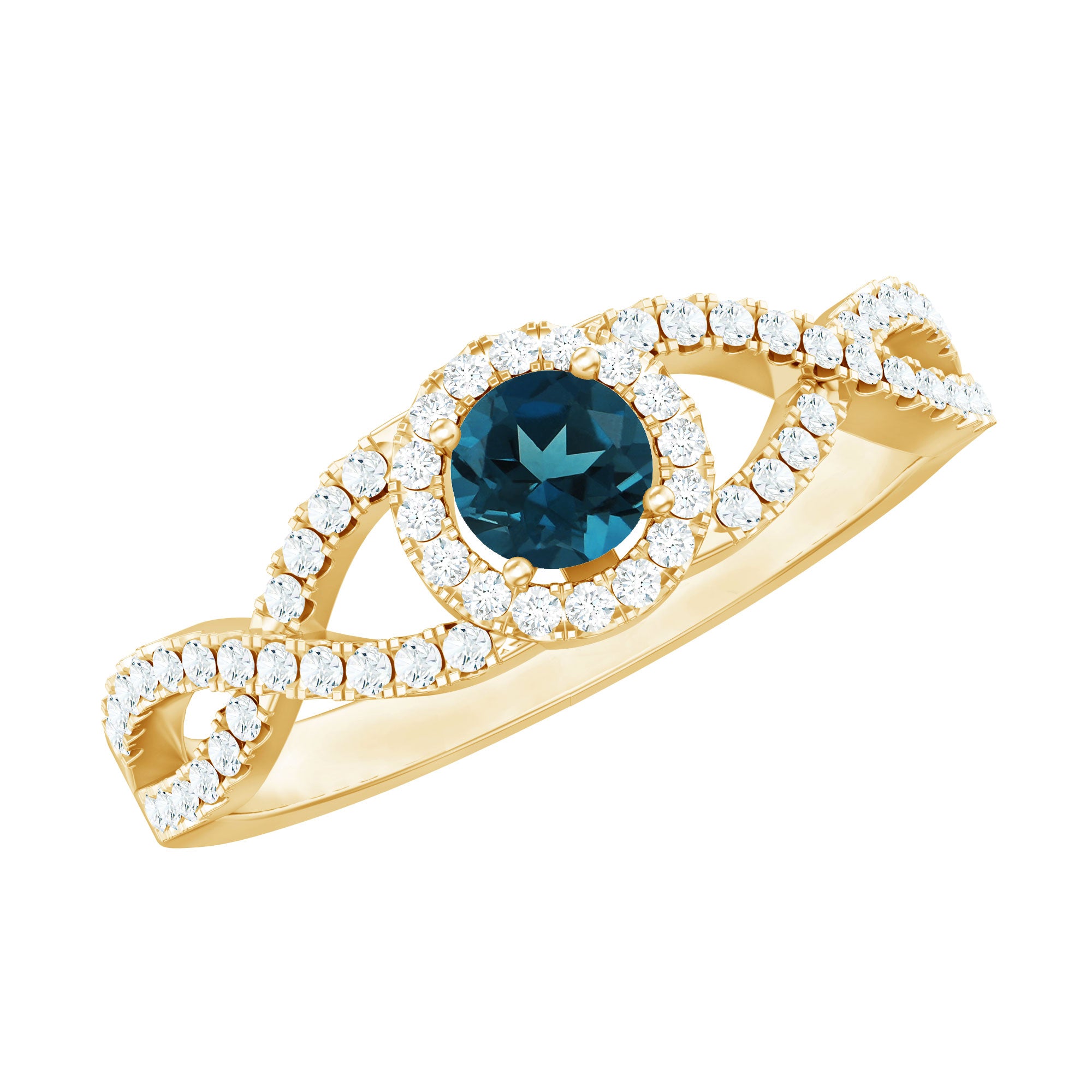 London Blue Topaz Crossover Engagement Ring with Diamond Halo AAA - Rosec Jewels
