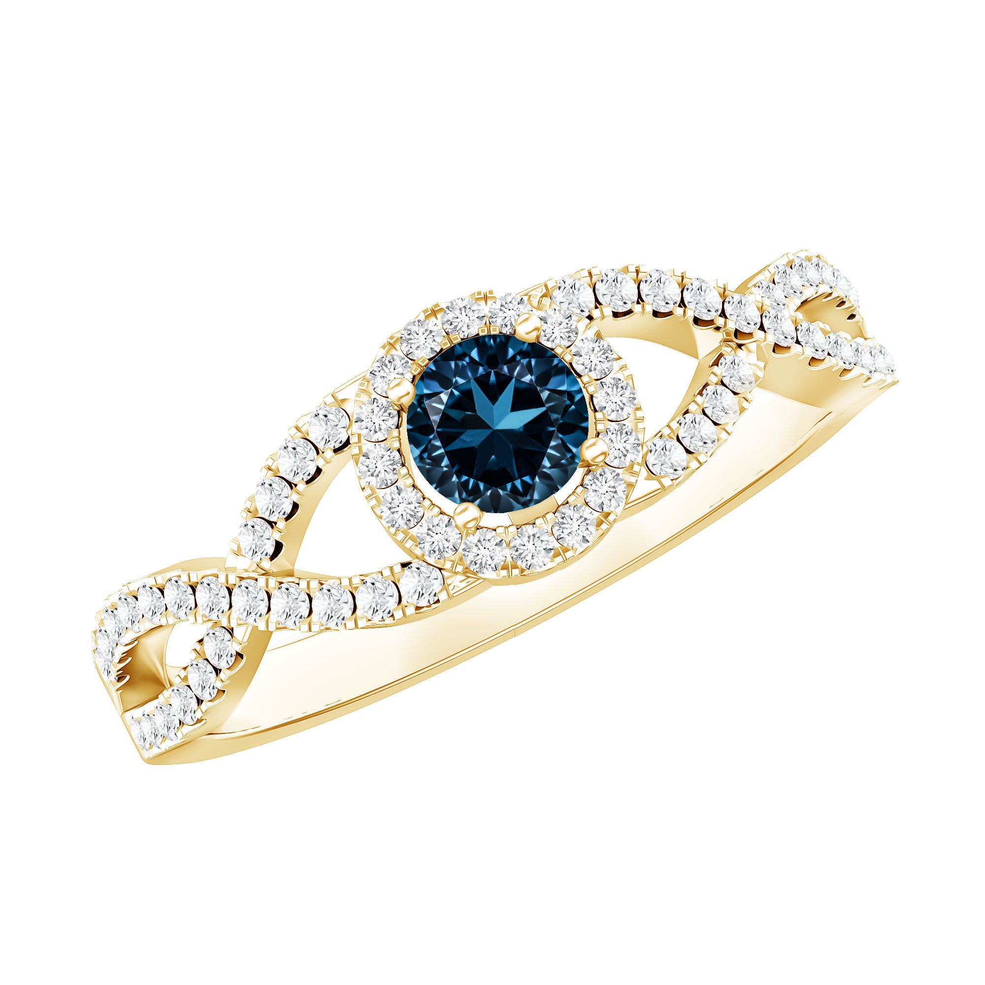 London Blue Topaz Crossover Engagement Ring with Diamond Halo AAA - Rosec Jewels