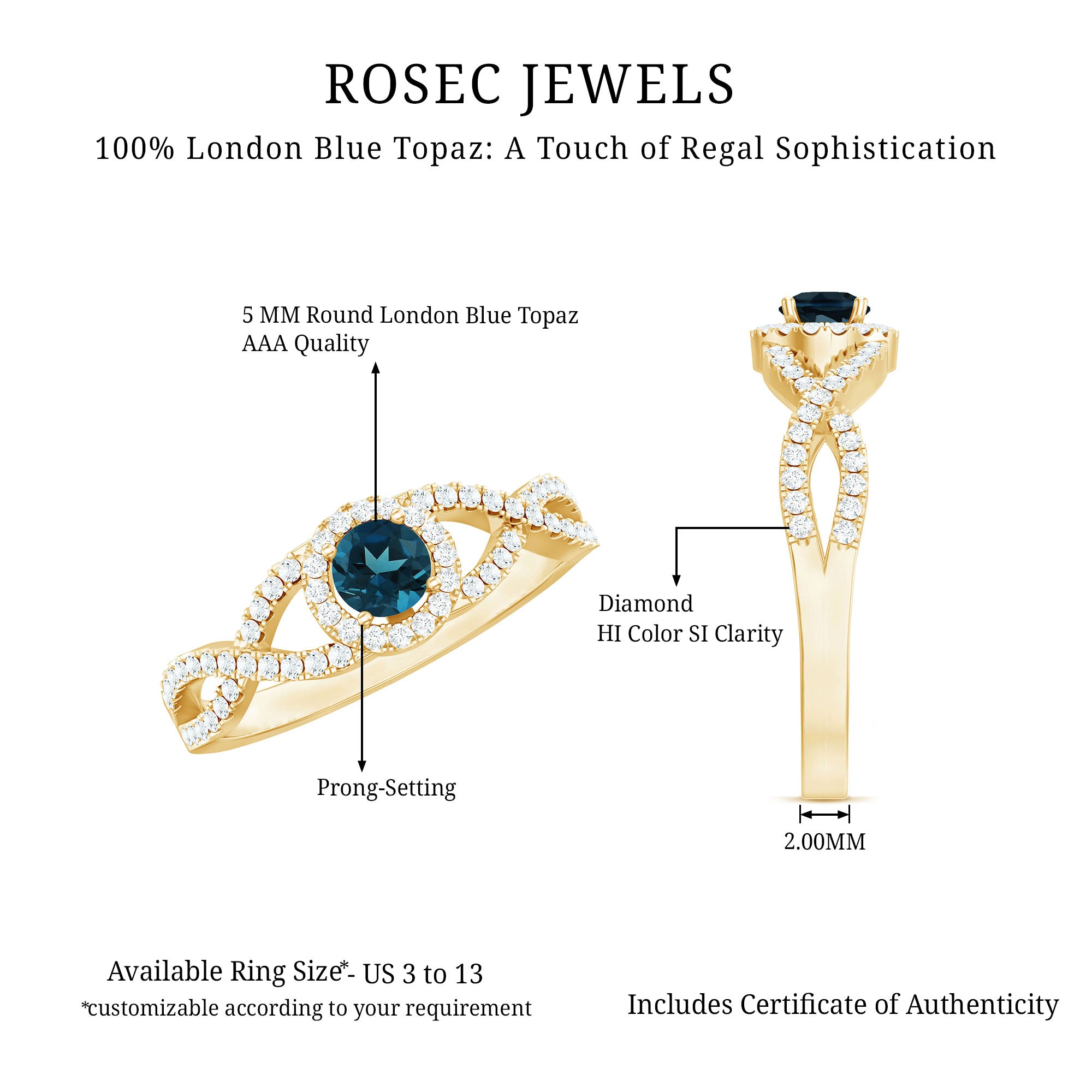 London Blue Topaz Crossover Engagement Ring with Diamond Halo AAA - Rosec Jewels