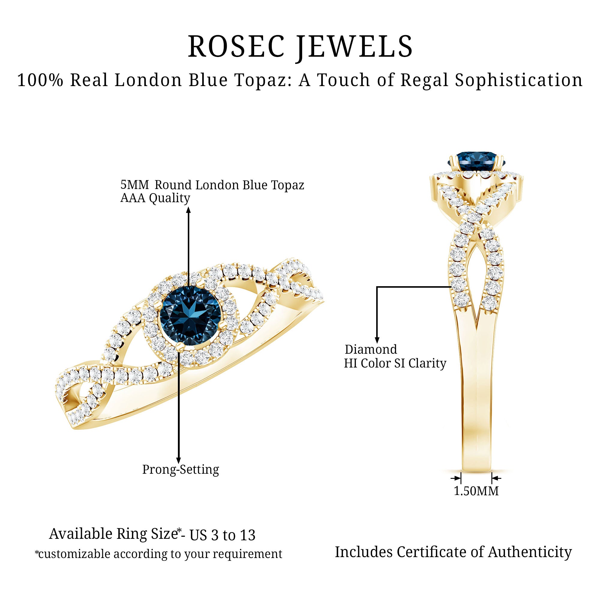 London Blue Topaz Crossover Engagement Ring with Diamond Halo AAA - Rosec Jewels