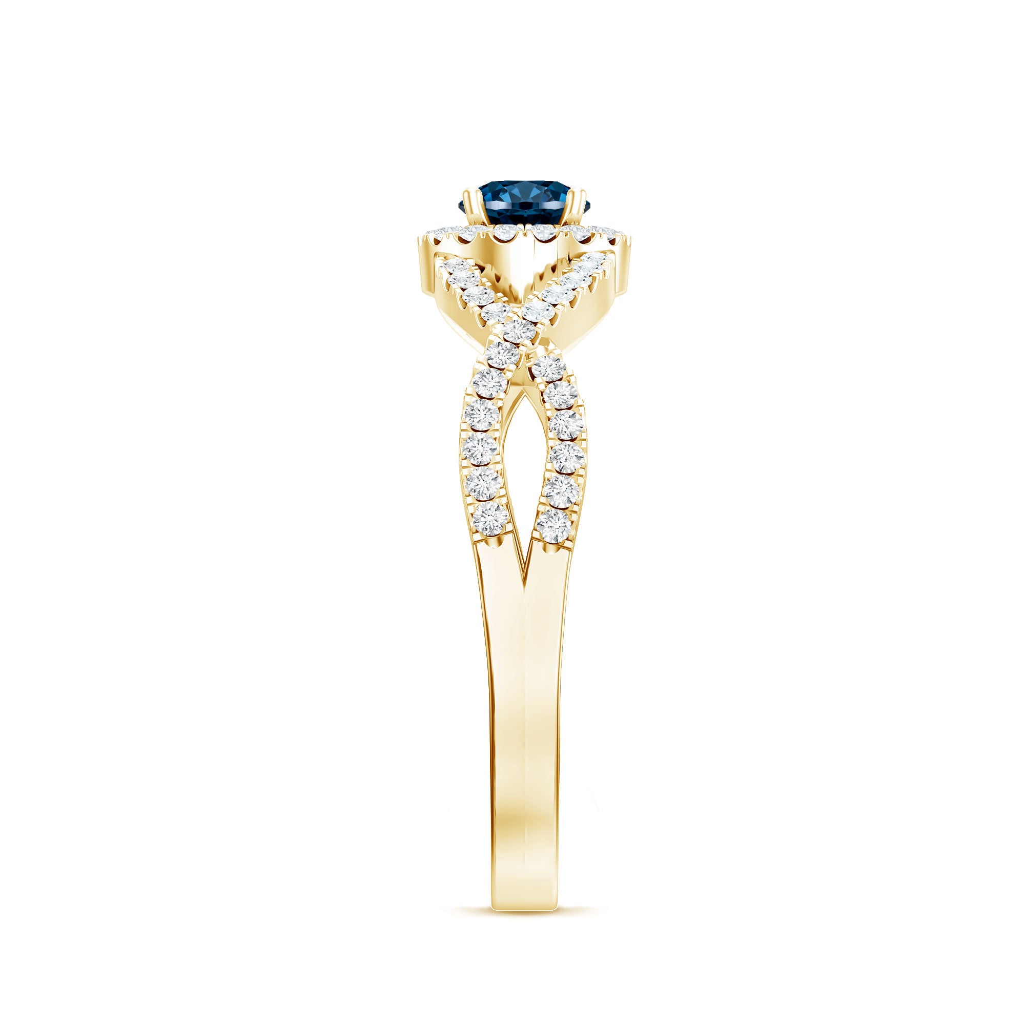 London Blue Topaz Crossover Engagement Ring with Diamond Halo AAA - Rosec Jewels