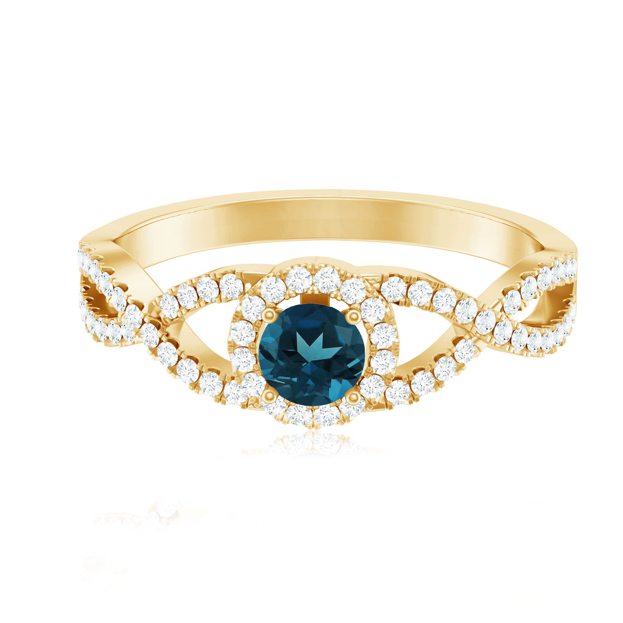 London Blue Topaz Crossover Engagement Ring with Diamond Halo AAA - Rosec Jewels