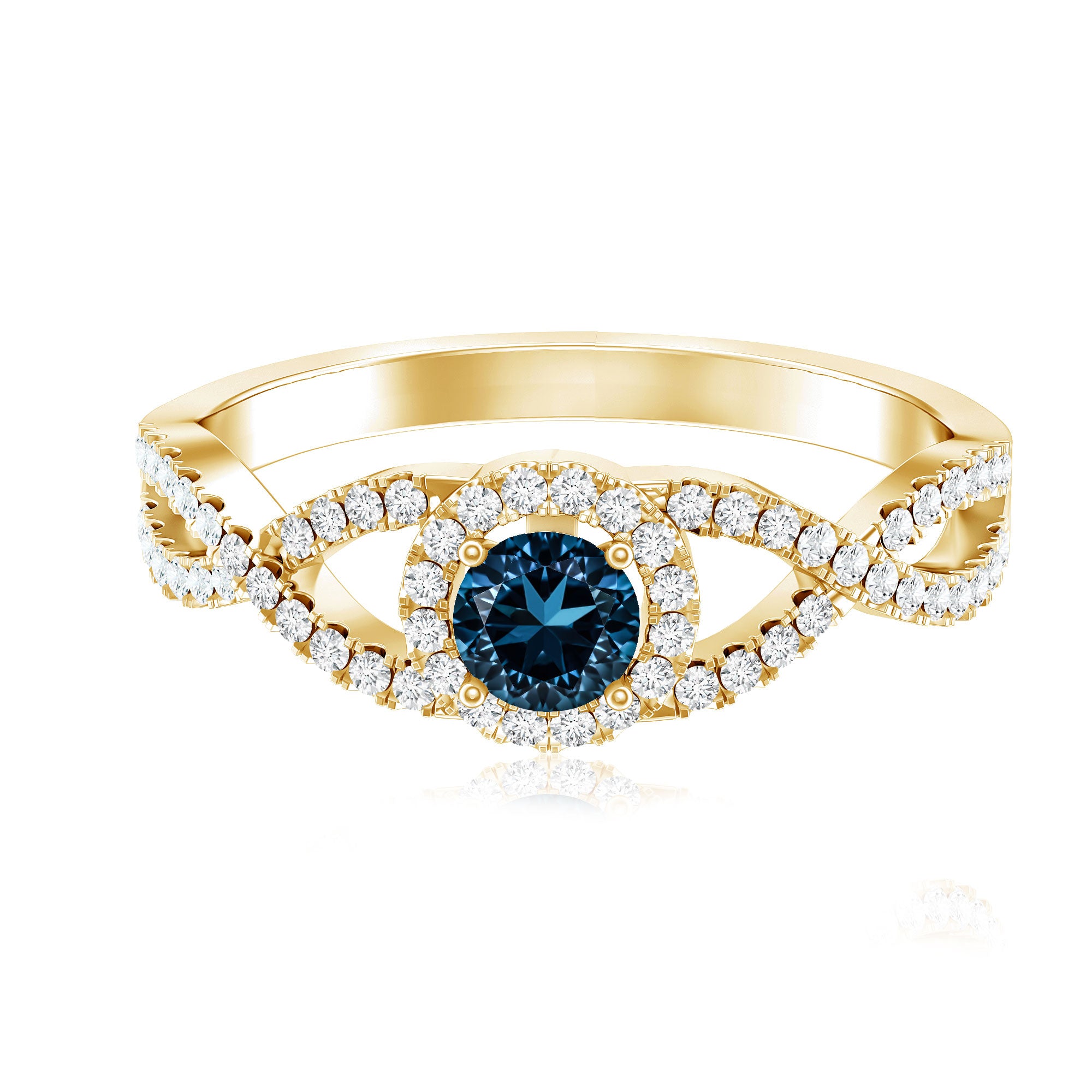 London Blue Topaz Crossover Engagement Ring with Diamond Halo AAA - Rosec Jewels