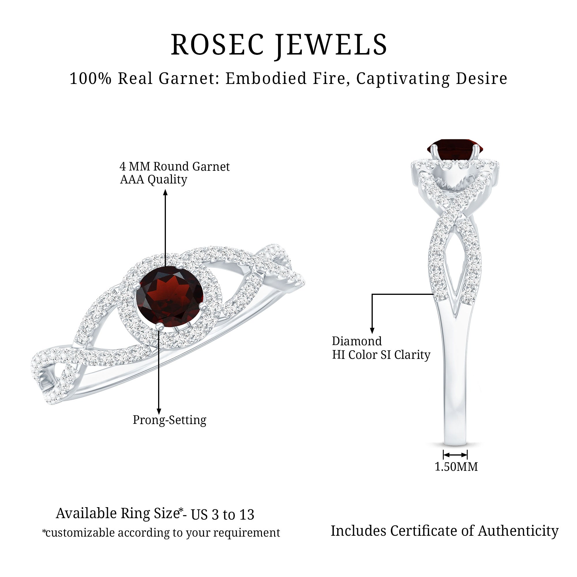 Natural Garnet Engagement Ring with Diamond Criss Cross Shank AAA - Rosec Jewels