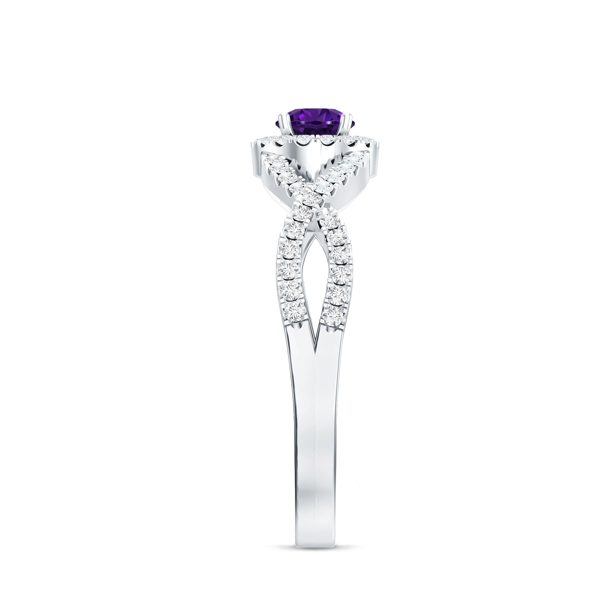 Real Amethyst Diamond Halo Engagement Ring with Criss Cross Shank AAA - Rosec Jewels