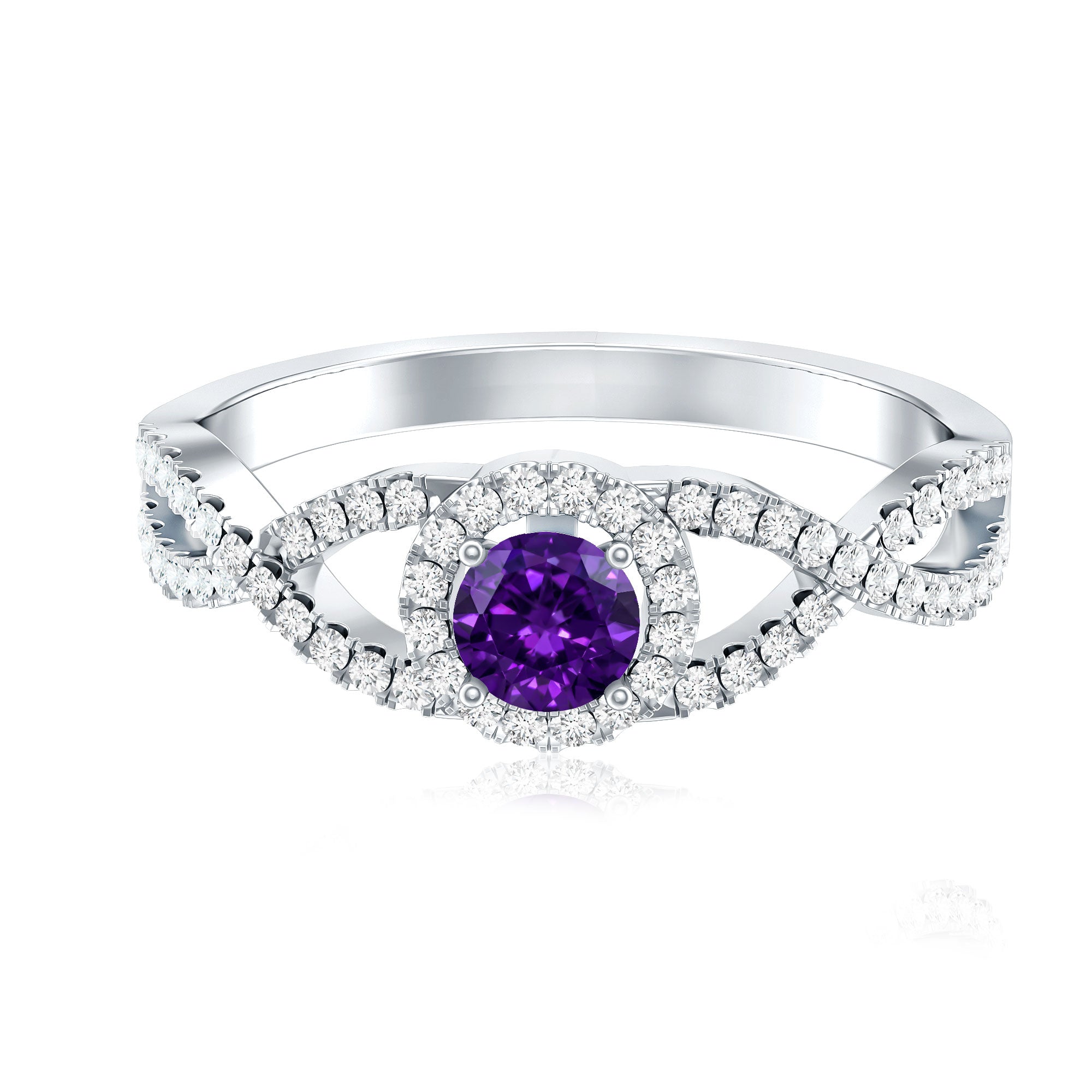 Real Amethyst Diamond Halo Engagement Ring with Criss Cross Shank AAA - Rosec Jewels