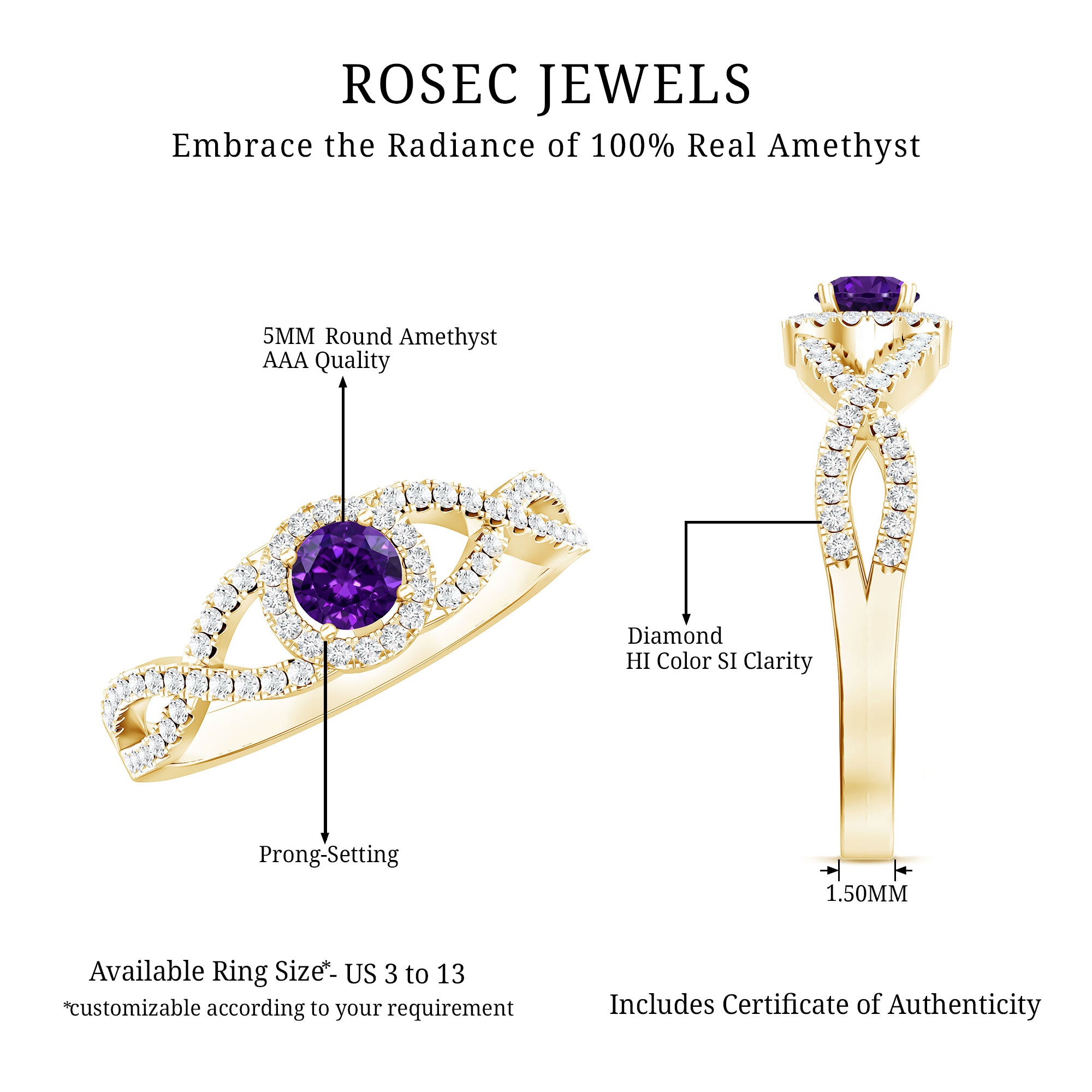 Real Amethyst Diamond Halo Engagement Ring with Criss Cross Shank AAA - Rosec Jewels
