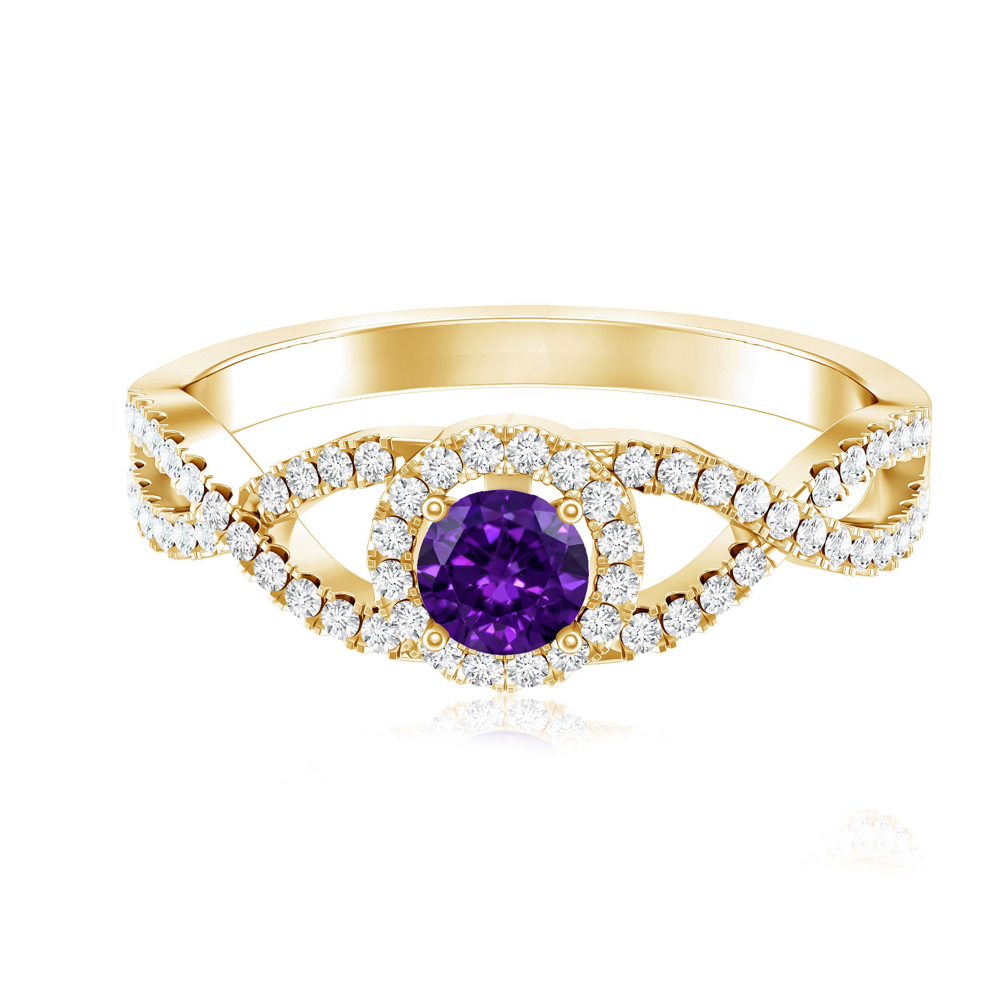 Real Amethyst Diamond Halo Engagement Ring with Criss Cross Shank AAA - Rosec Jewels