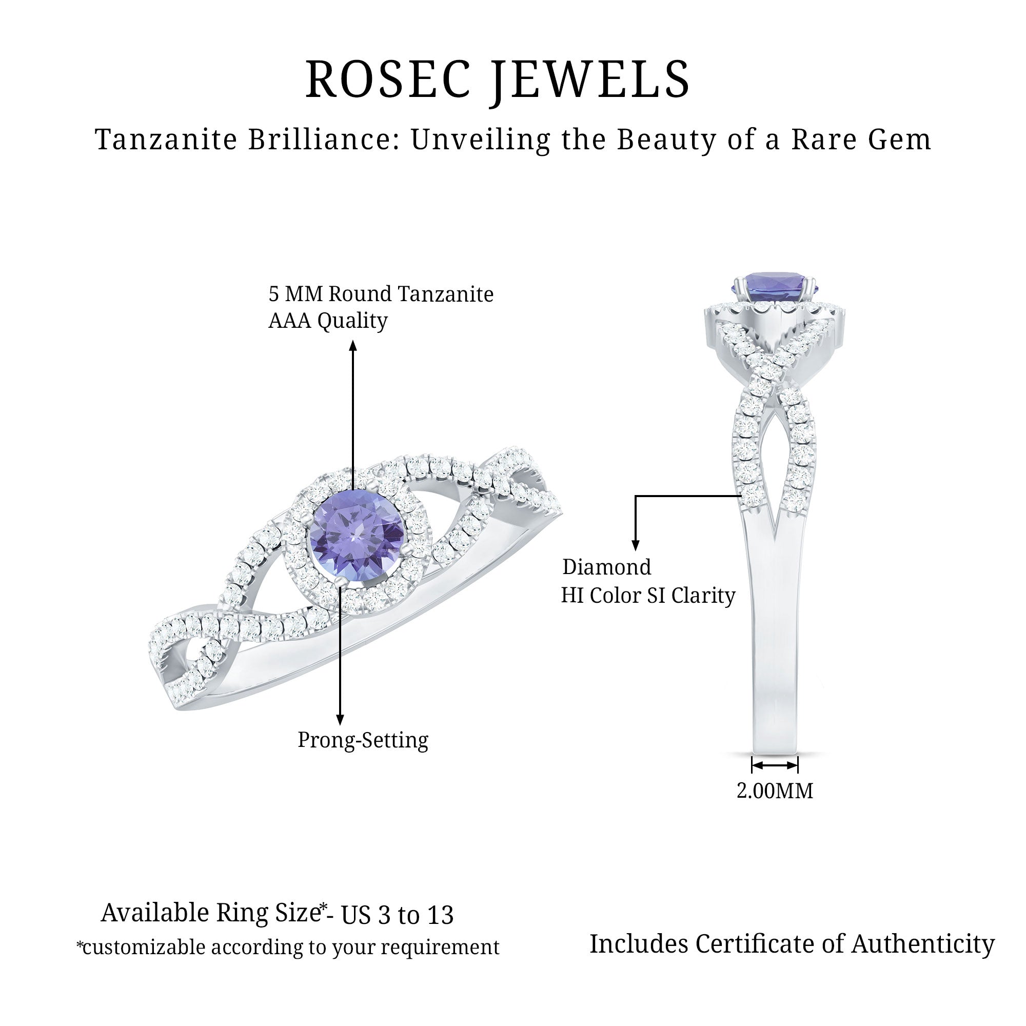 Real Tanzanite Engagement Ring with Diamond Criss Cross Shank AAA - Rosec Jewels