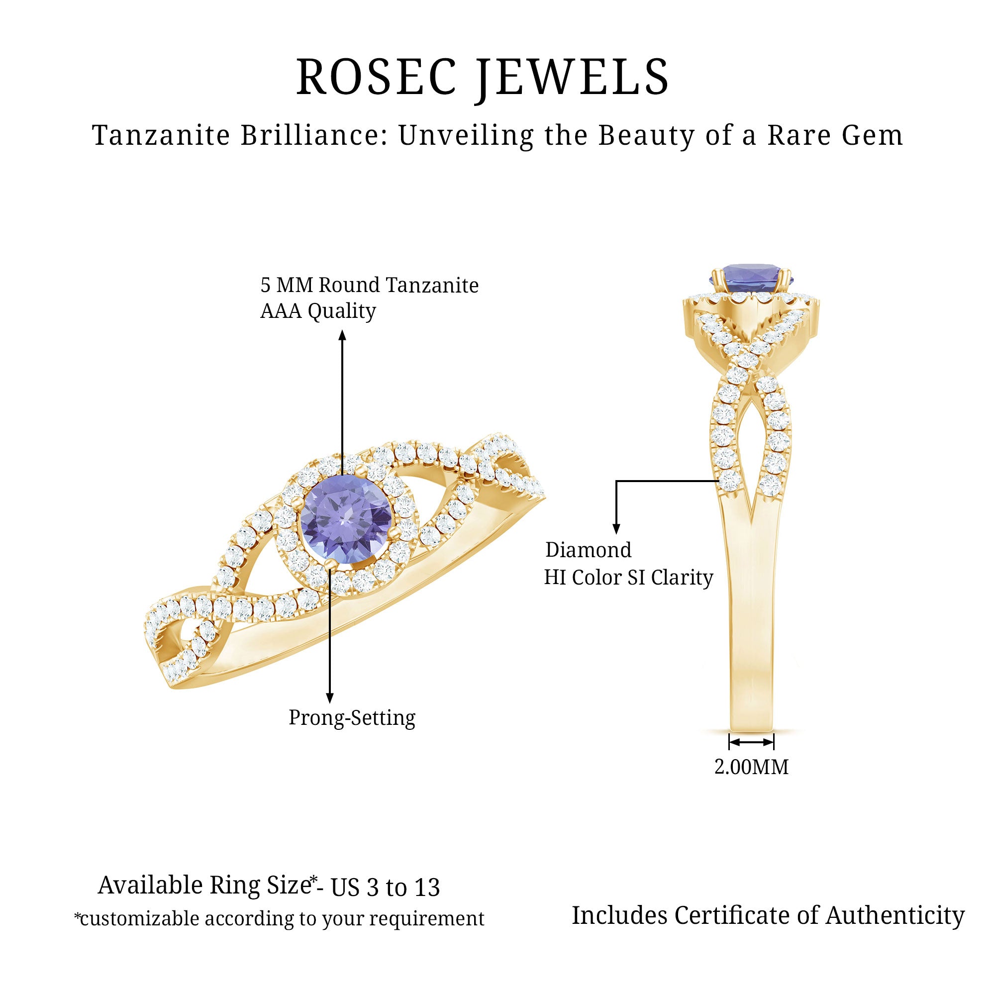 Real Tanzanite Engagement Ring with Diamond Criss Cross Shank AAA - Rosec Jewels
