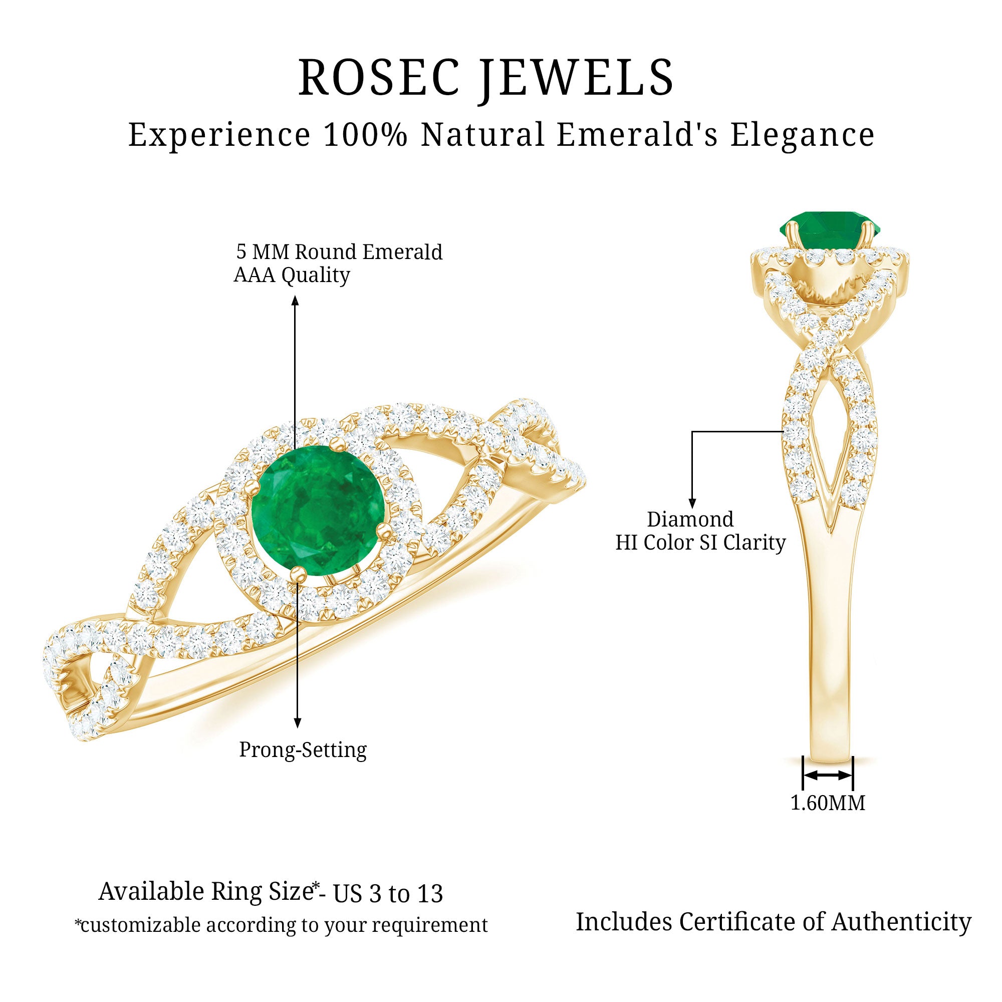 Real Emerald and Diamond Criss Cross Engagement Ring AAA - Rosec Jewels