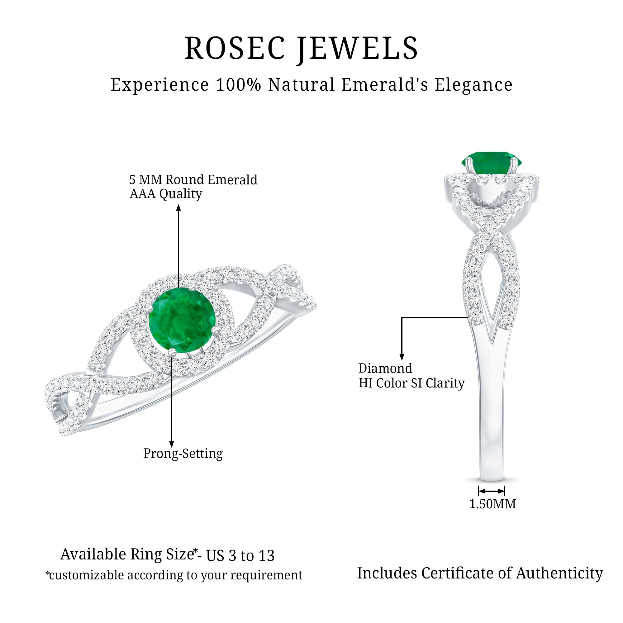 Real Emerald and Diamond Criss Cross Engagement Ring AAA - Rosec Jewels