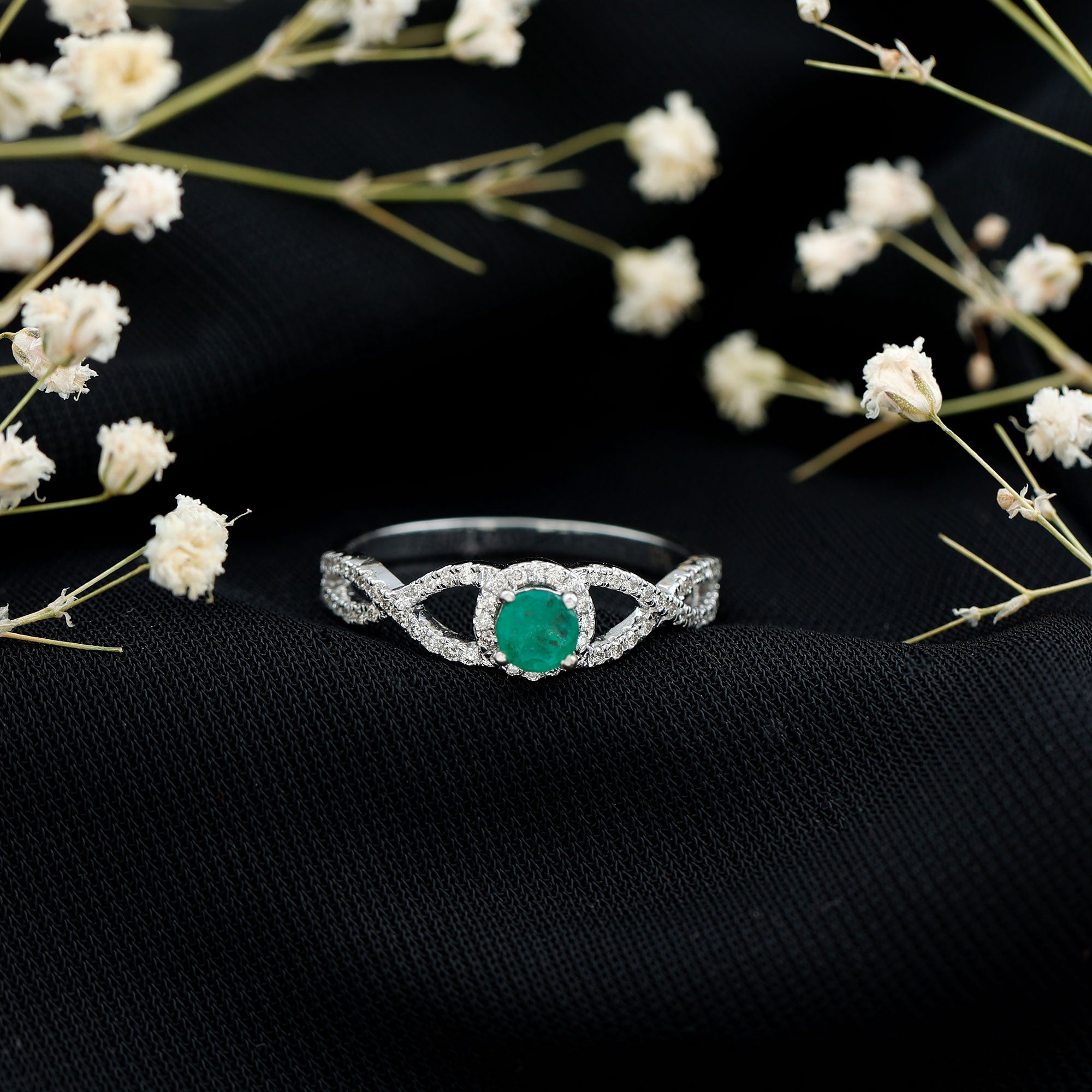 Real Emerald and Diamond Criss Cross Engagement Ring AAA - Rosec Jewels