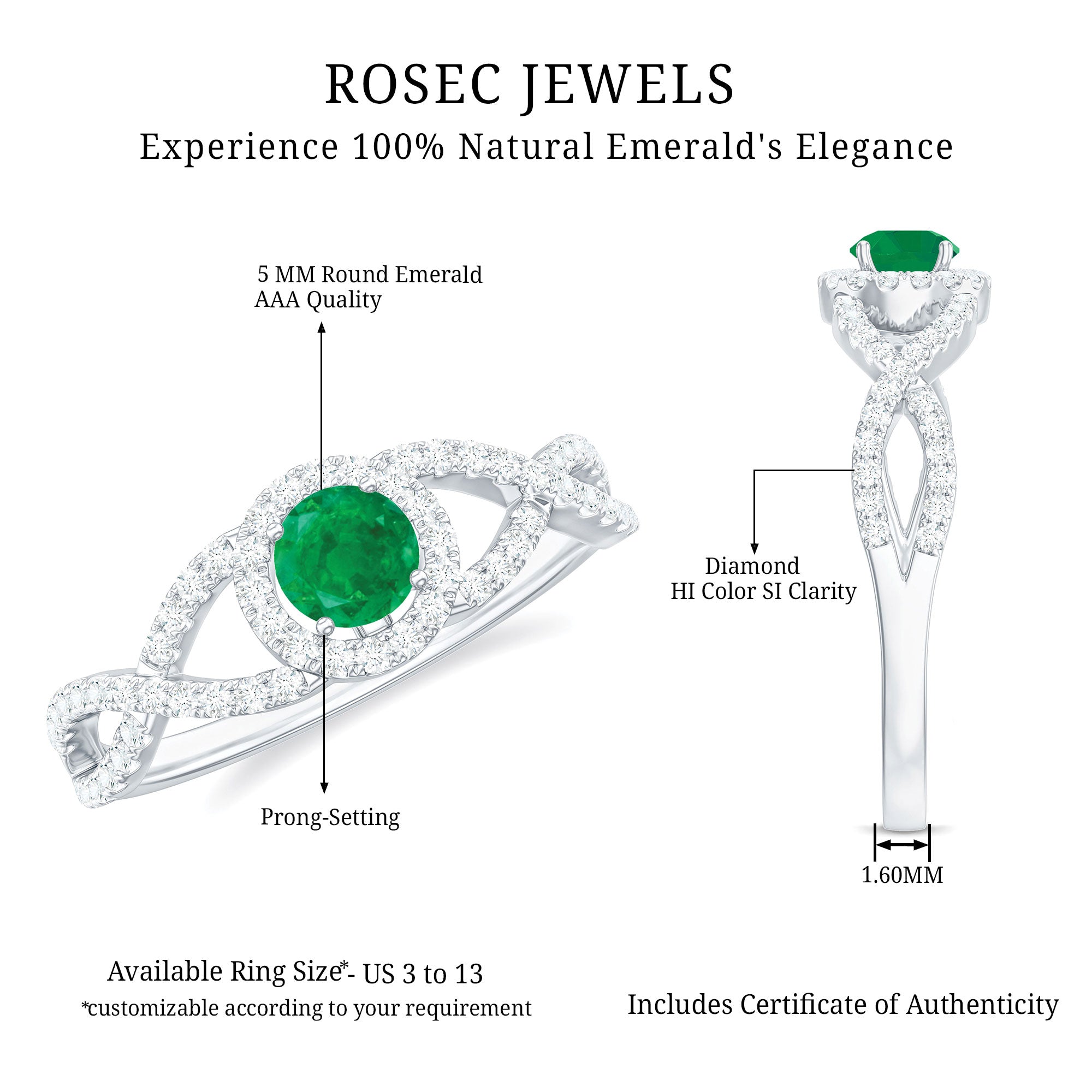 Real Emerald and Diamond Criss Cross Engagement Ring AAA - Rosec Jewels