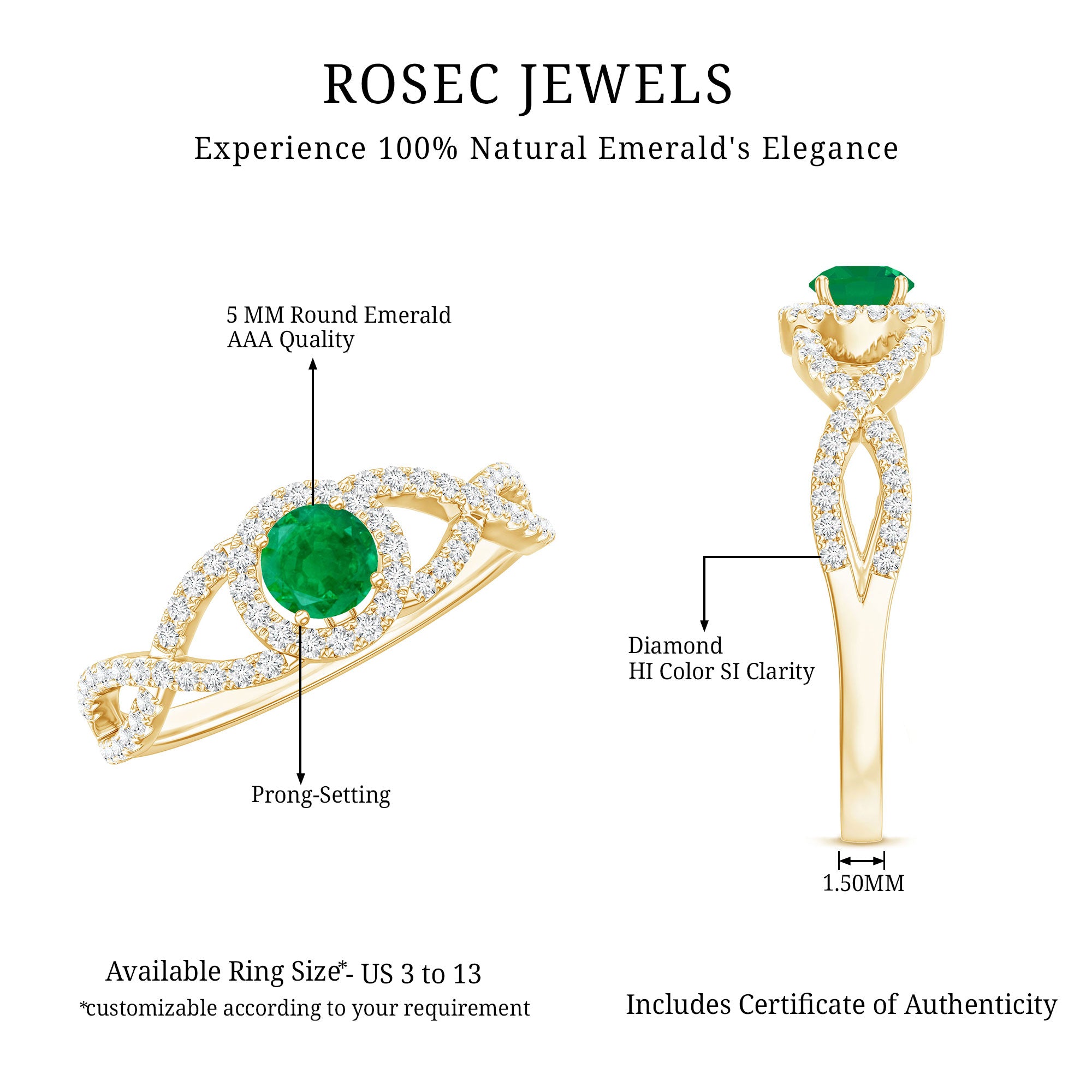 Real Emerald and Diamond Criss Cross Engagement Ring AAA - Rosec Jewels