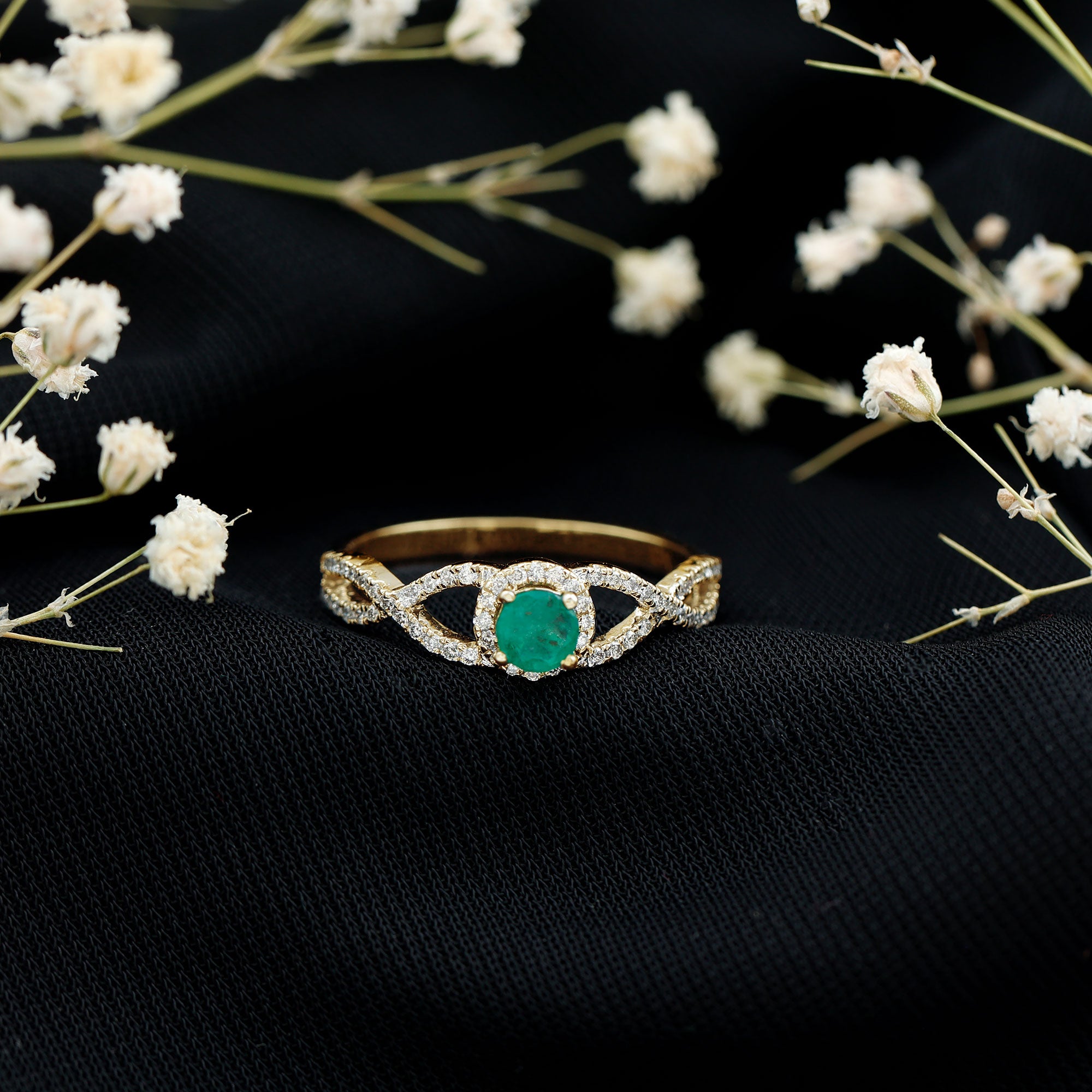 Real Emerald and Diamond Criss Cross Engagement Ring AAA - Rosec Jewels