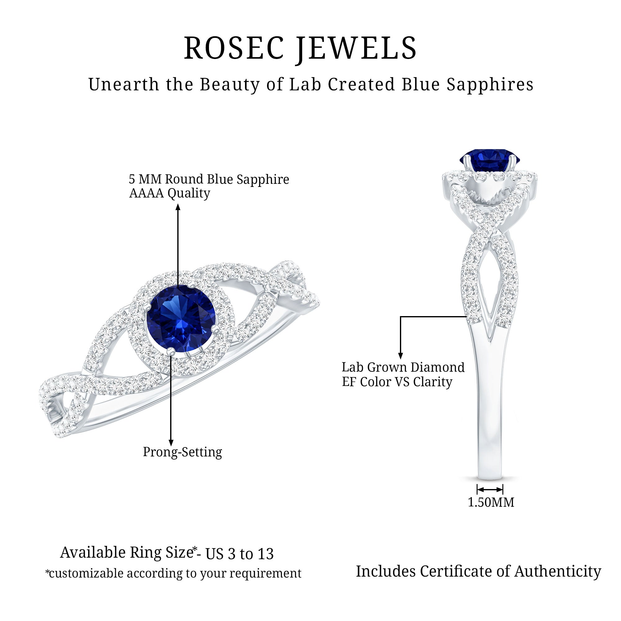 Certified 0.6 Carat Lab Grown Blue Sapphire Crossover Engagement Ring with Diamond AAAA - Rosec Jewels