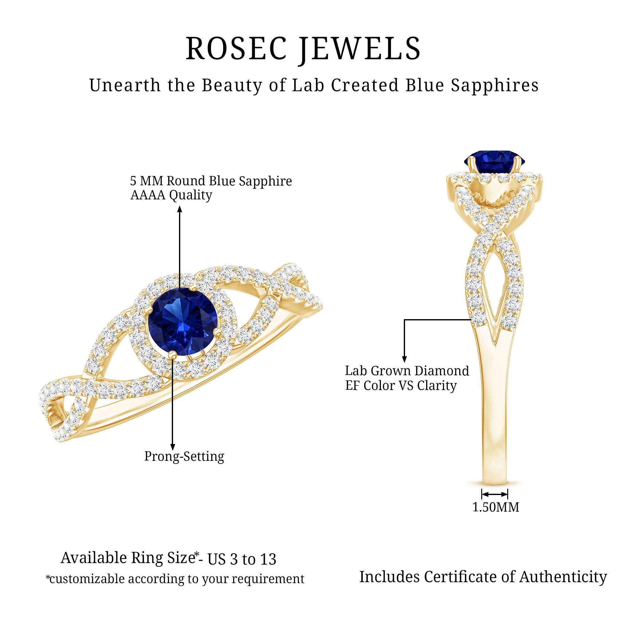 Certified 0.6 Carat Lab Grown Blue Sapphire Crossover Engagement Ring with Diamond AAAA - Rosec Jewels