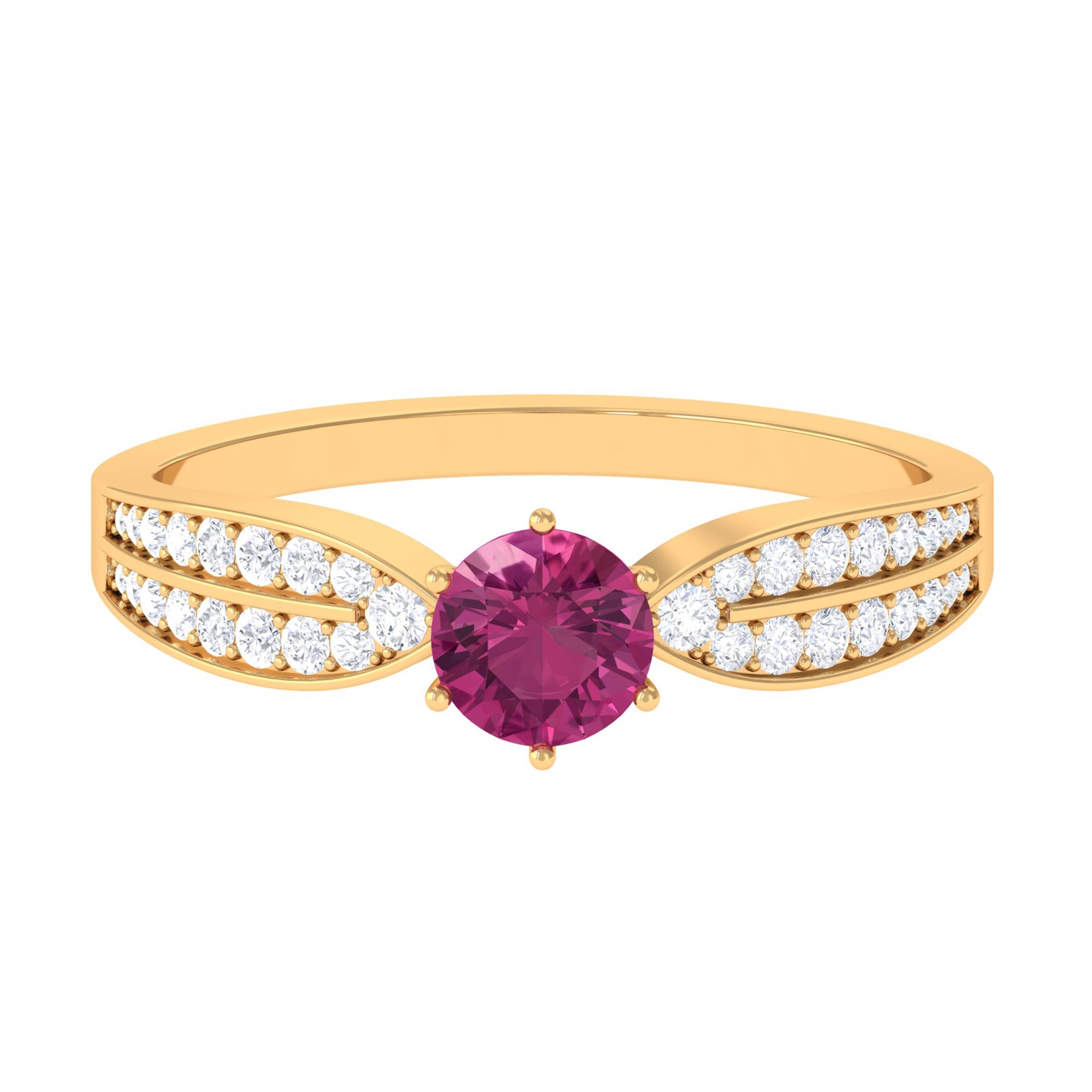 1 CT Six Prong Set Pink Tourmaline Engagement Ring with Diamond Side Stones AAA - Rosec Jewels
