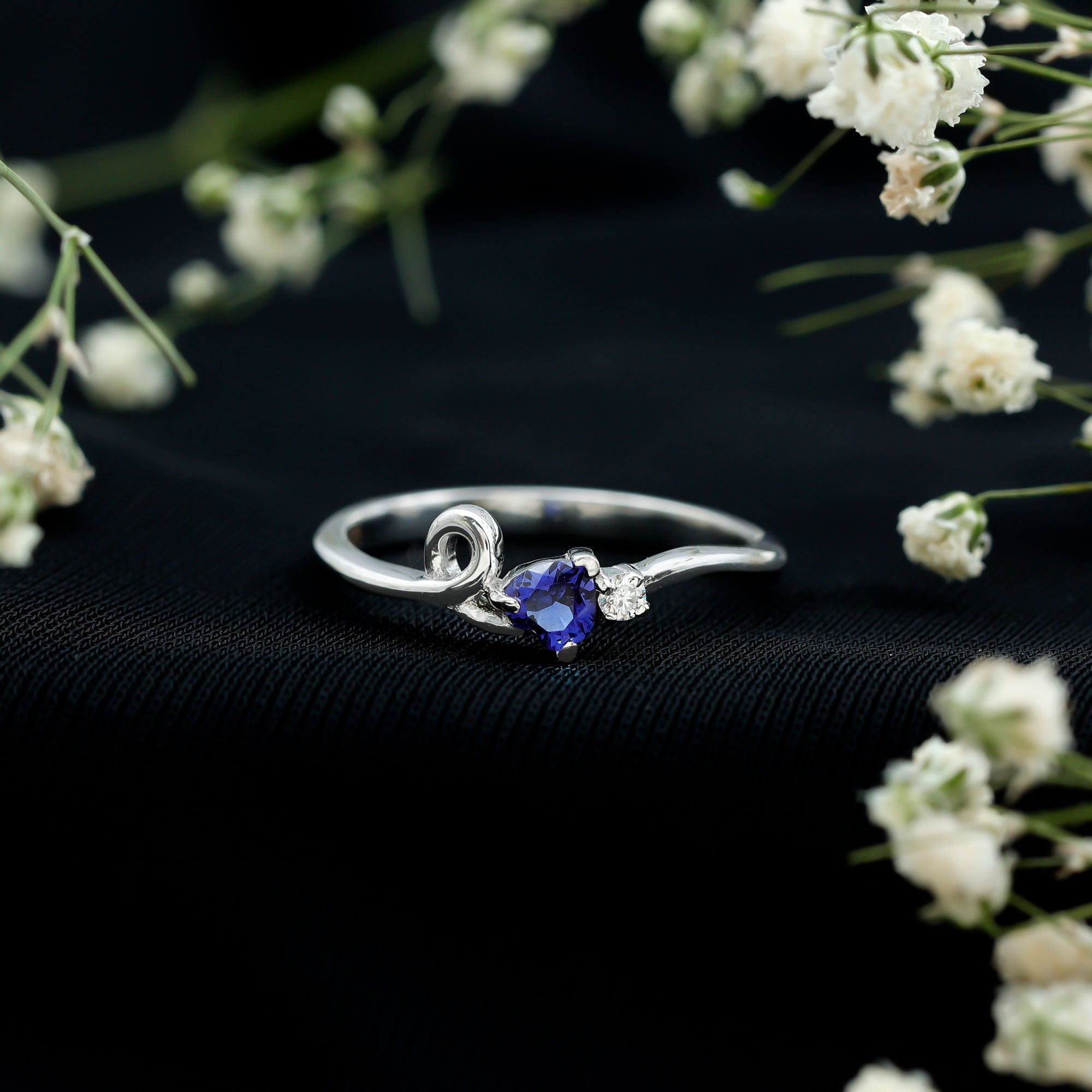 Certified Lab Grown Blue Sapphire Twisted Heart Promise Ring AAAA - Rosec Jewels