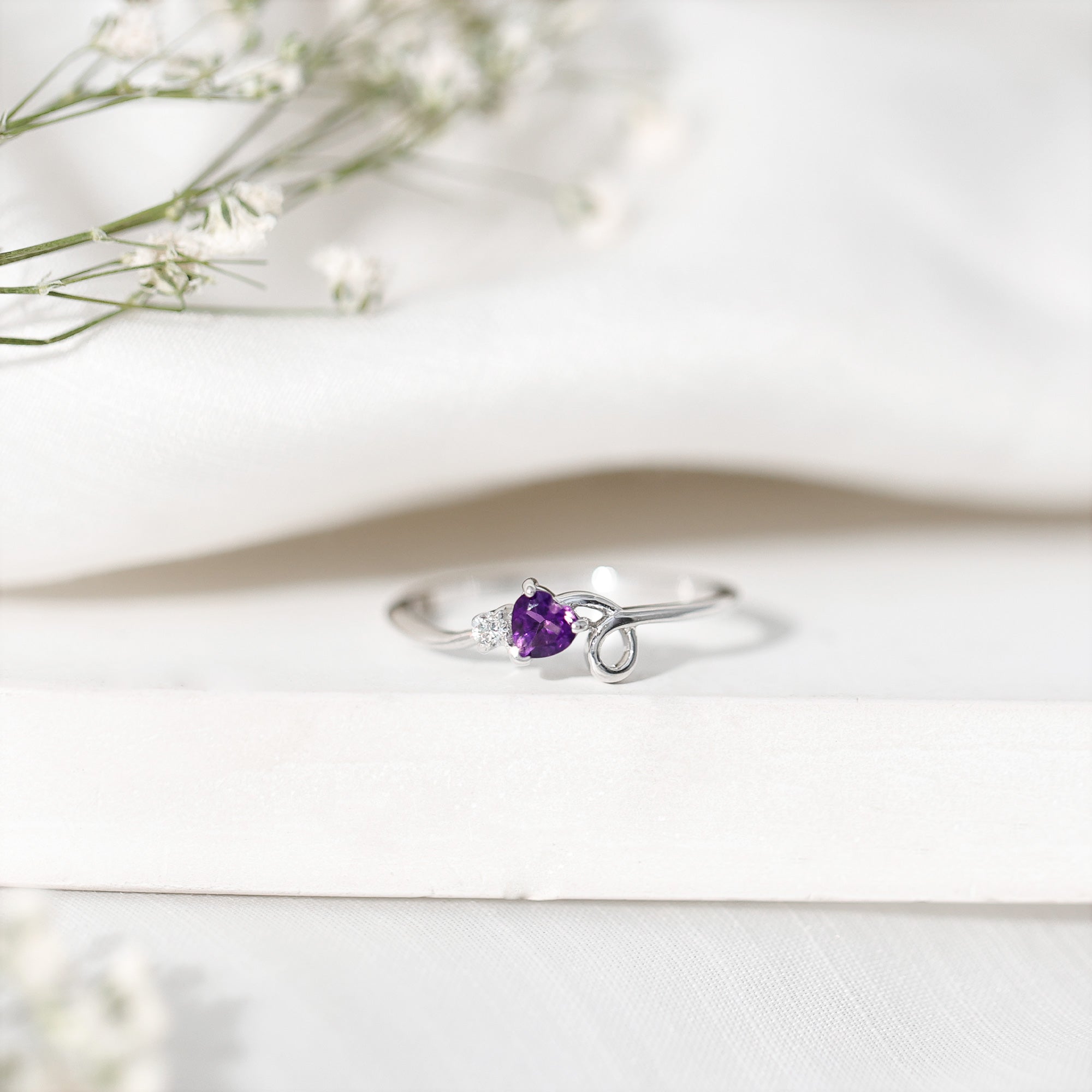 Heart Shape Real Amethyst and Diamond Twisted Promise Ring AAA - Rosec Jewels