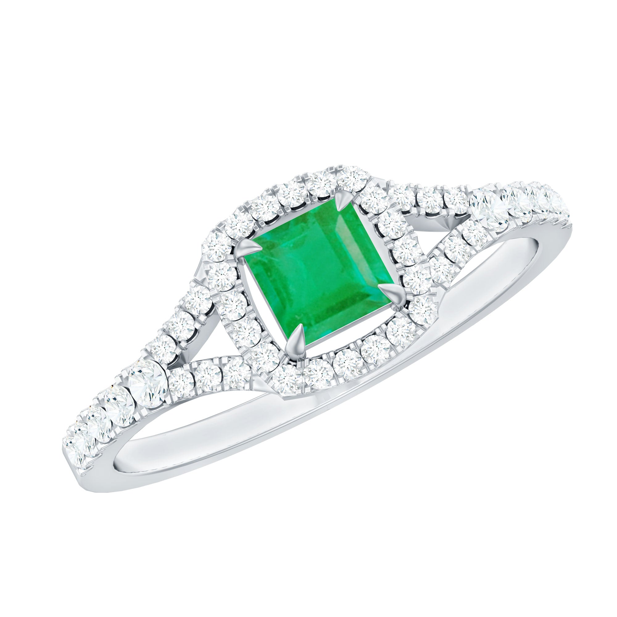Princess Cut Emerald Engagement Ring with Diamond Split Shank