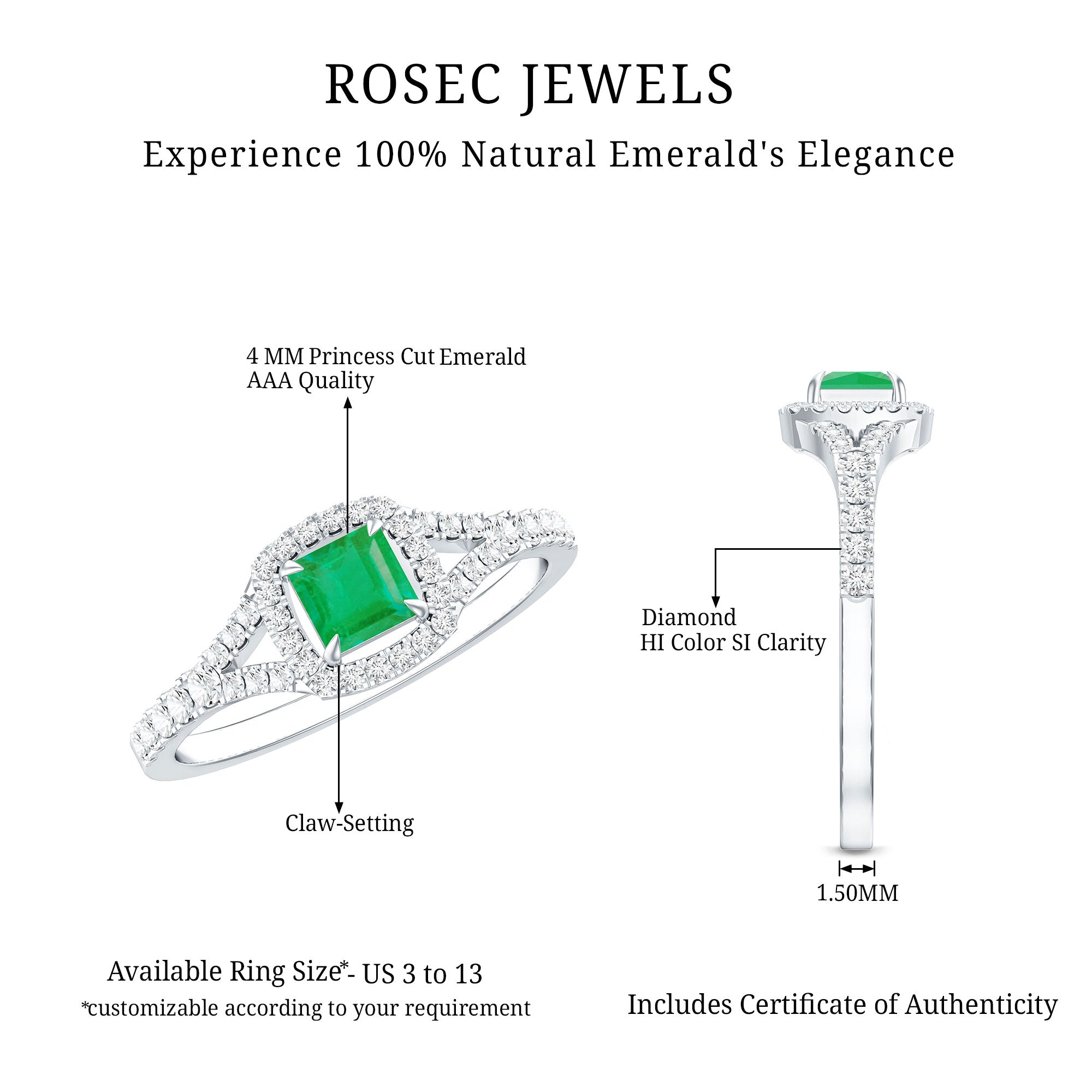 Princess Cut Emerald Engagement Ring with Diamond Split Shank AAA - Rosec Jewels