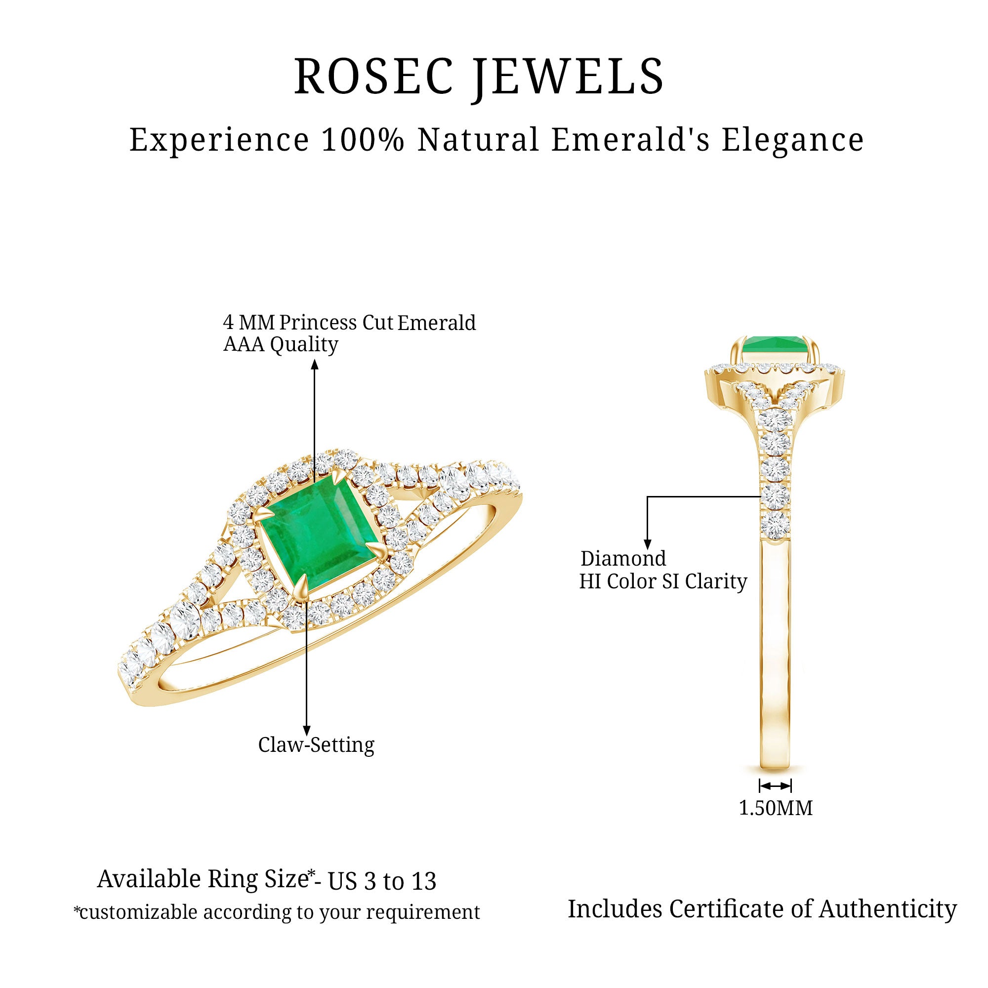 Princess Cut Emerald Engagement Ring with Diamond Split Shank AAA - Rosec Jewels