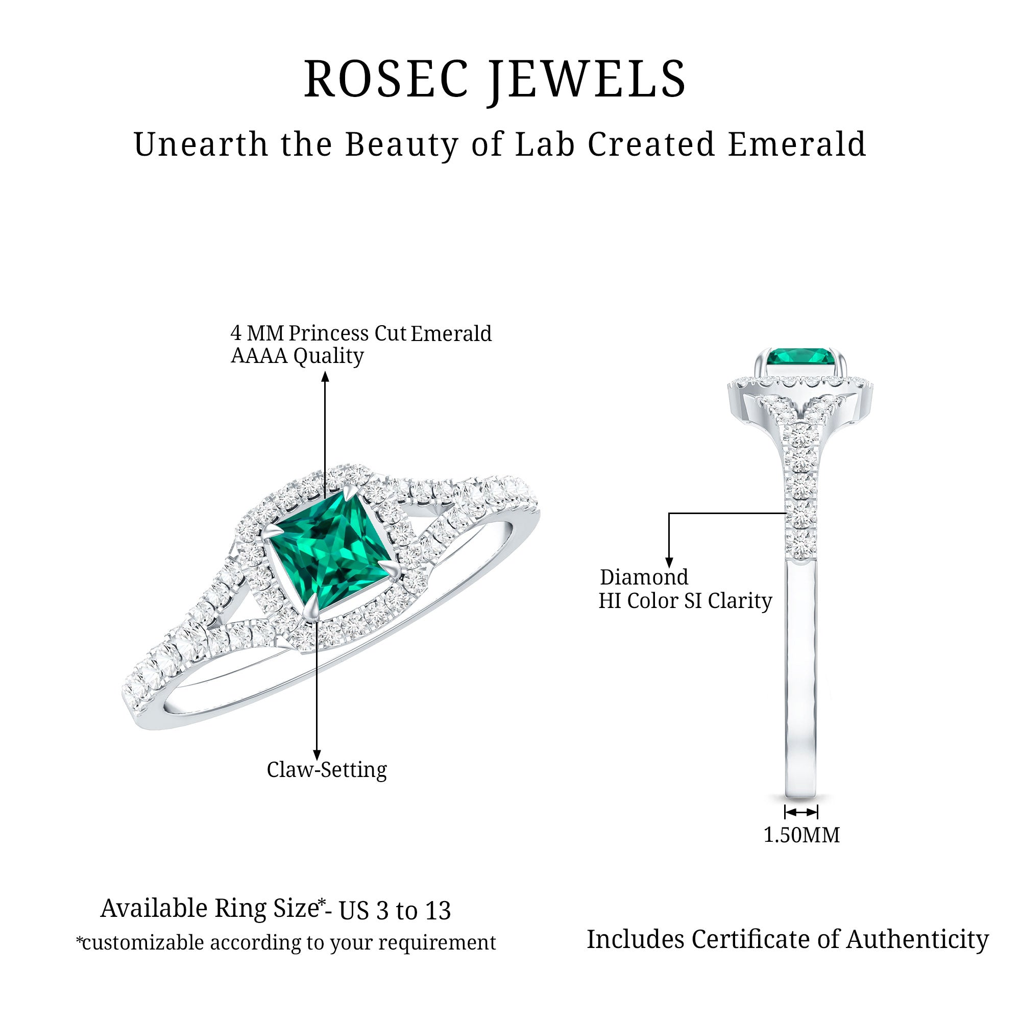 Certified Princess Cut Lab Grown Emerald Diamond Promise Ring AAAA - Rosec Jewels