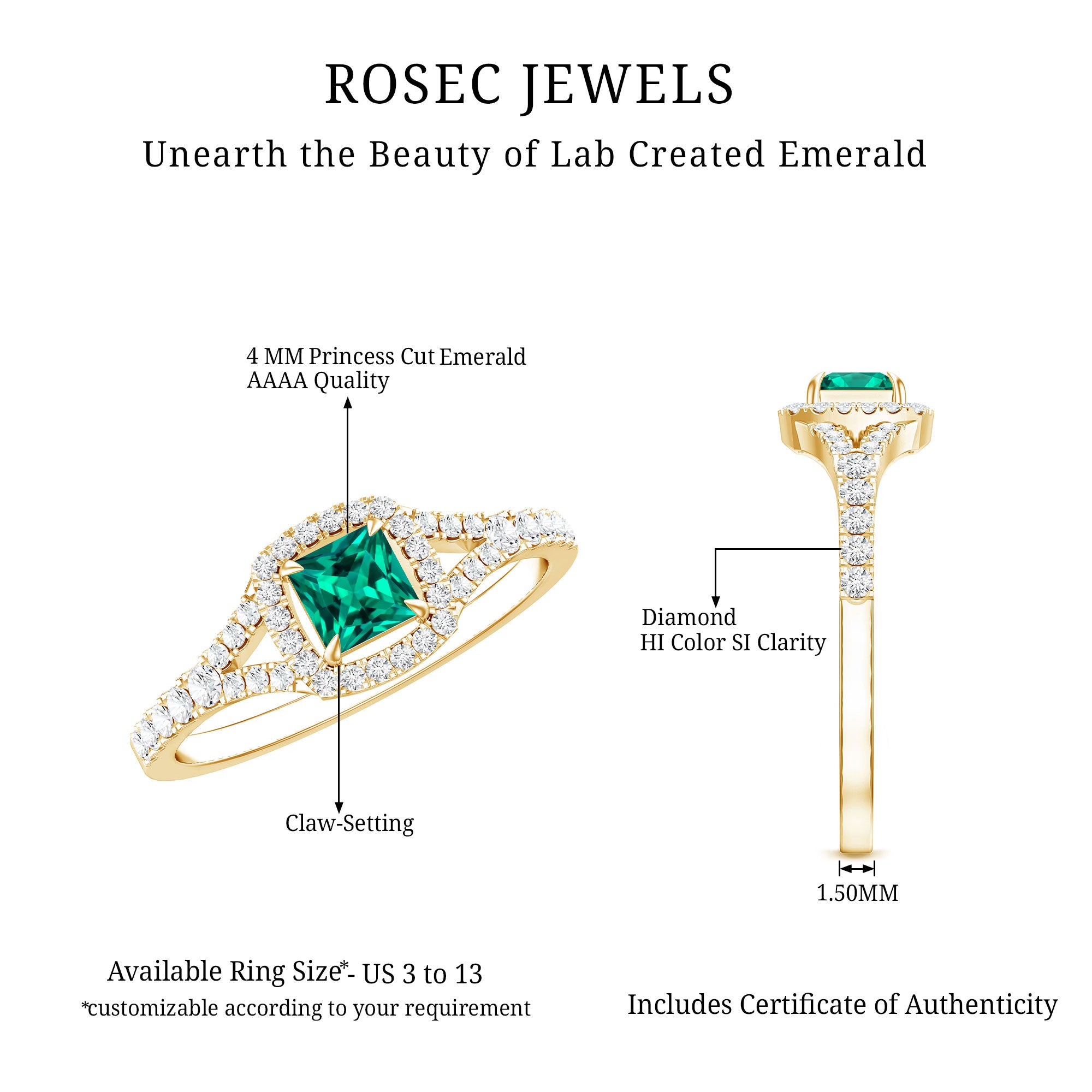 Certified Princess Cut Lab Grown Emerald Diamond Promise Ring AAAA - Rosec Jewels