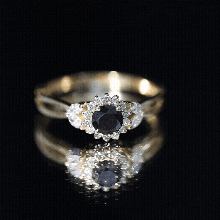 Rosec Jewels-Split Shank Created Black Diamond Flower Ring with Diamond Accent
