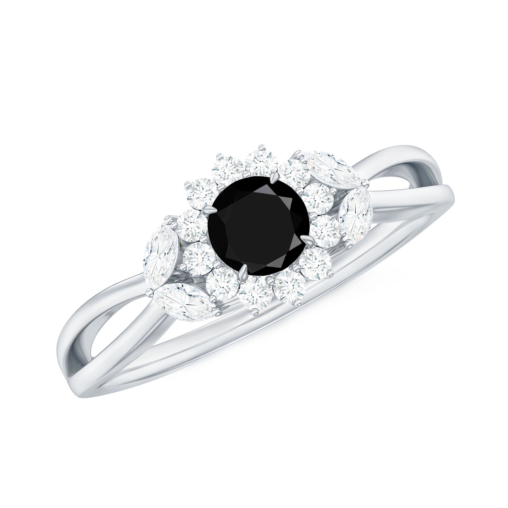 Split Shank Created Black Diamond Flower Ring with Diamond Accent