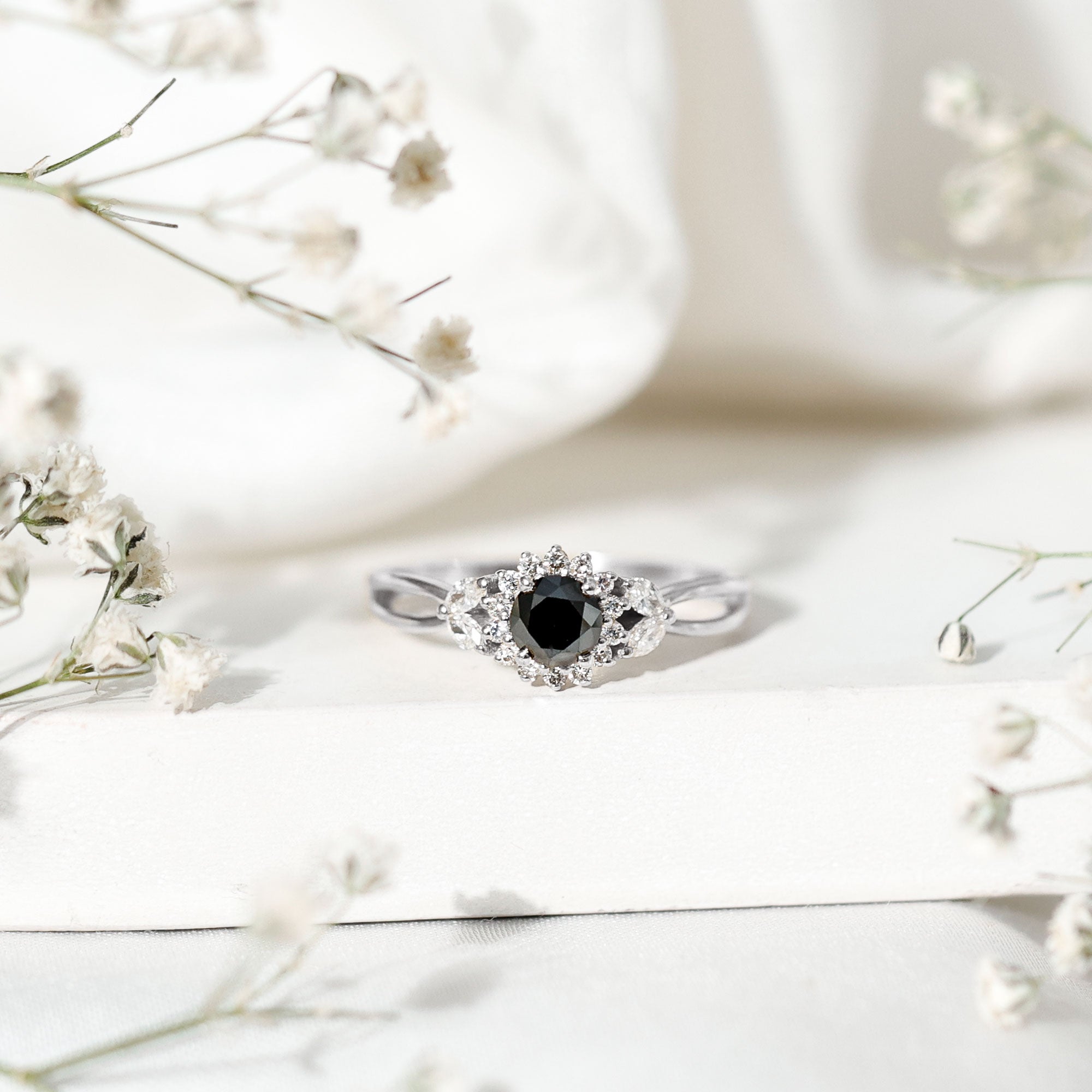Rosec Jewels-Split Shank Created Black Diamond Flower Ring with Diamond Accent