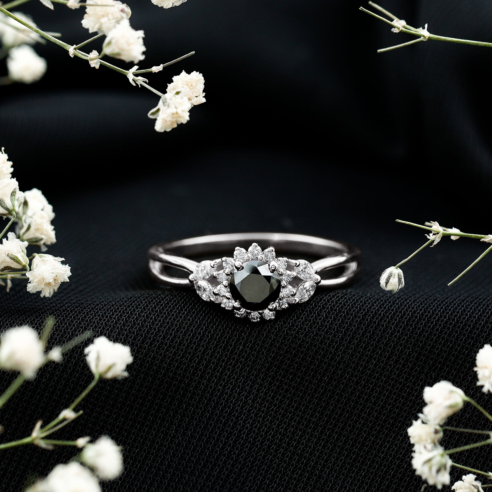 Rosec Jewels-Split Shank Created Black Diamond Flower Ring with Diamond Accent
