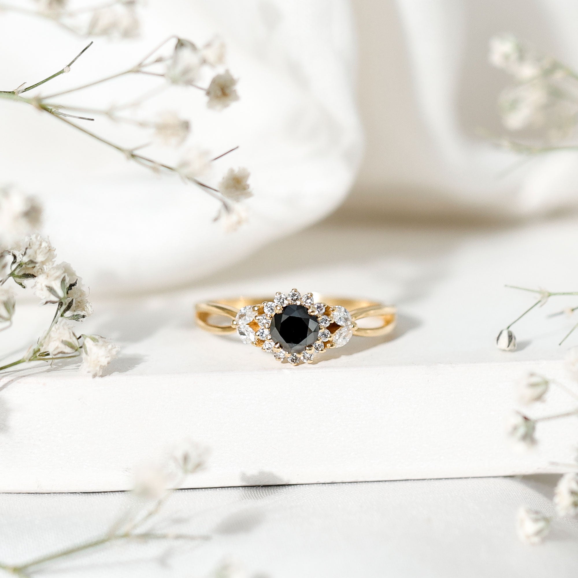 Split Shank Created Black Diamond Flower Ring with Diamond Accent AAAA ( Synthetic ) - Rosec Jewels
