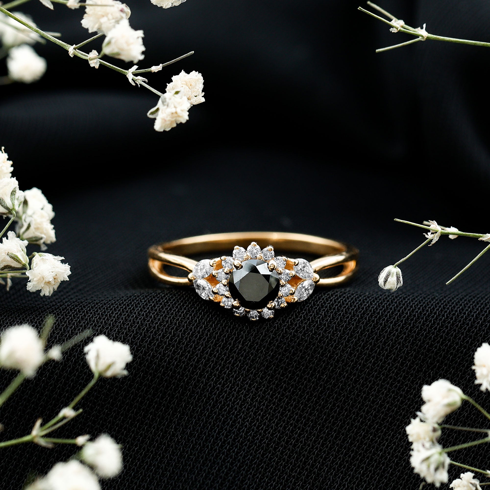 Split Shank Created Black Diamond Flower Ring with Diamond Accent AAAA ( Synthetic ) - Rosec Jewels